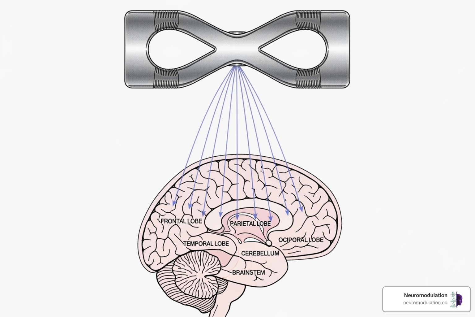 A TMS coil placed over a diagram of the human brain, illustrating magnetic field lines - Transcranial magnetic stimulation