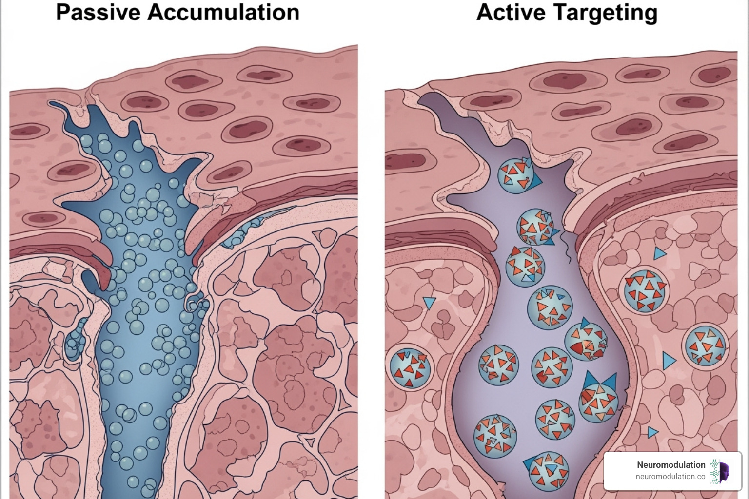 Image showing the difference between passive and active targeting mechanisms - what is targeting delivery for drugs