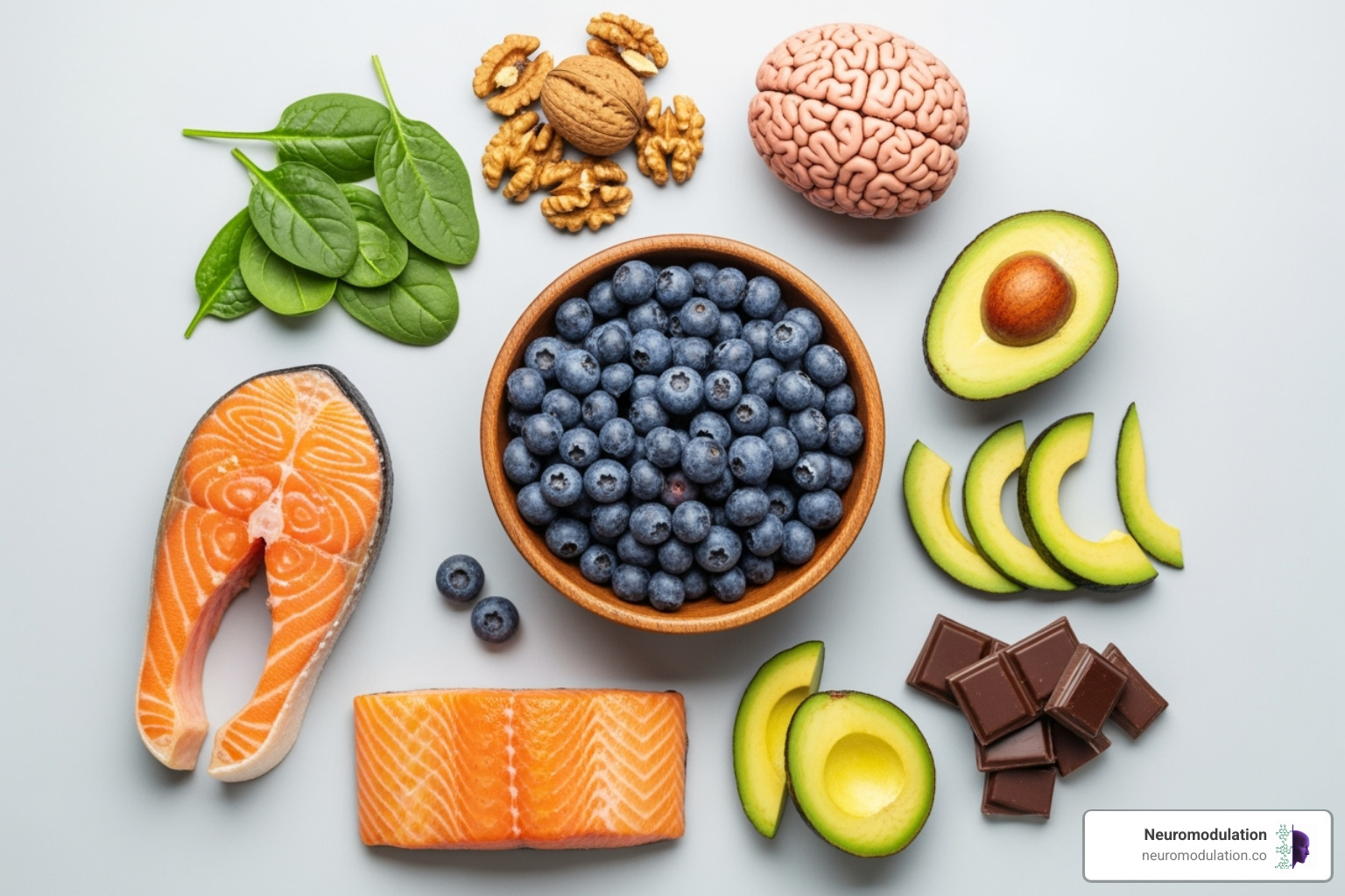 A vibrant and appealing flat lay image featuring a colorful assortment of brain-healthy foods: a bowl of fresh blueberries, walnuts, leafy green spinach, a piece of cooked salmon, avocados, and a few squares of dark chocolate. - Brain health solutions