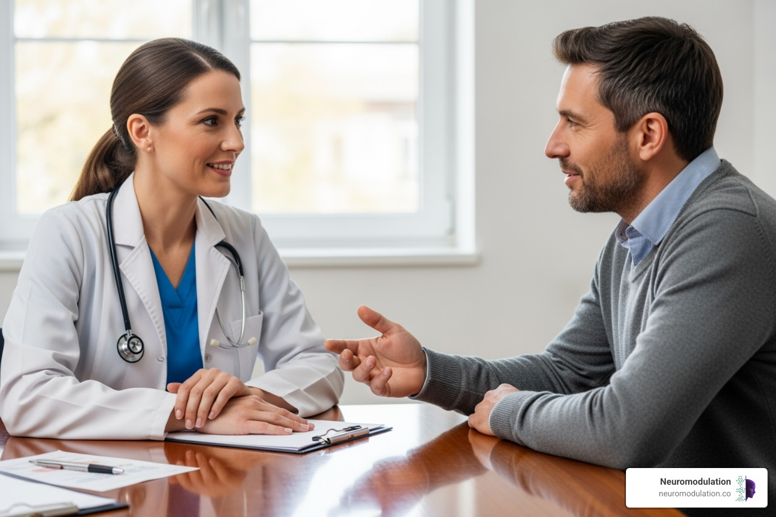A compassionate clinician, dressed in professional attire, is sitting at a table with a patient, engaged in a conversation. The clinician is actively listening, with an empathetic expression, and the patient appears comfortable and engaged. - Brain health solutions