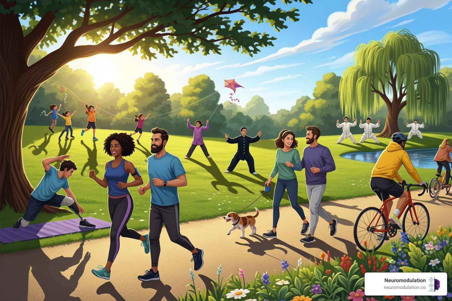 A diverse group of people engaged in various outdoor activities like walking, jogging, cycling, and stretching, against a backdrop of a park or natural setting. - Brain health solutions
