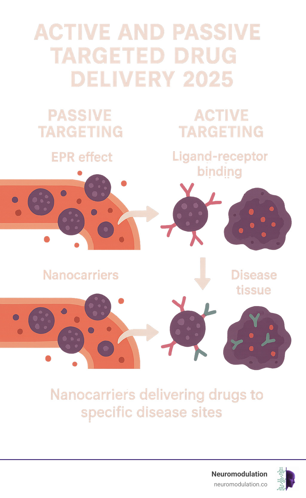 Infographic showing nanocarriers delivering drugs to specific disease sites through passive EPR effect and active ligand-receptor binding mechanisms - active and passive targeted drug delivery infographic 