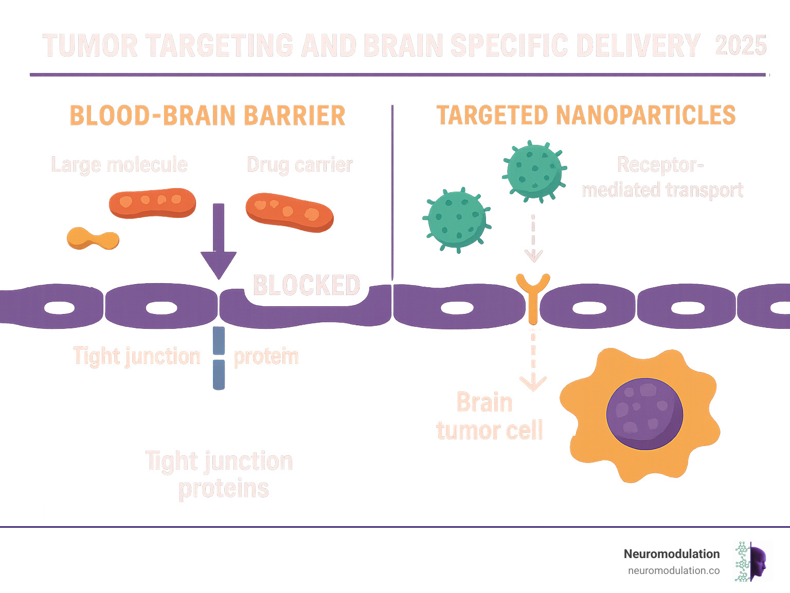 Infographic showing the blood-brain barrier structure with tight junction proteins blocking large molecules and drug carriers, contrasted with targeted nanoparticles successfully crossing through receptor-mediated transport pathways to reach brain tumor cells - tumor targeting and brain specific delivery infographic 