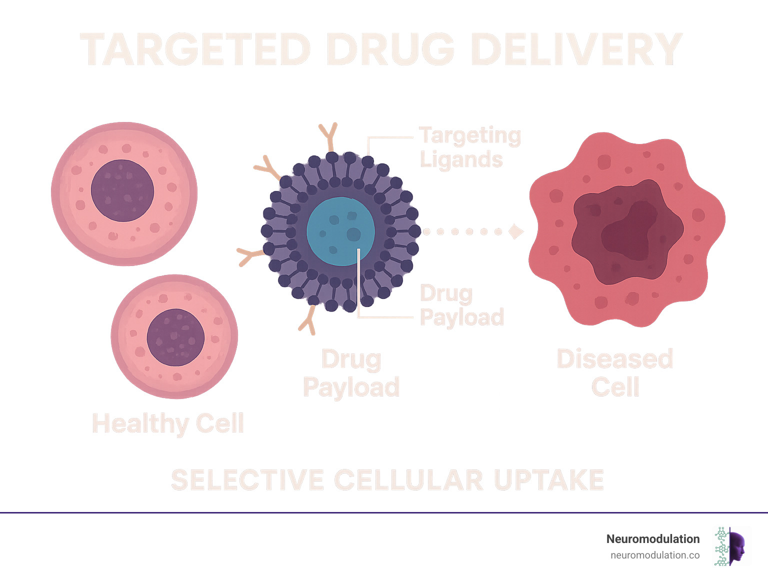 Infographic showing targeted drug delivery system with nanocarrier approaching diseased cell while bypassing healthy cells, including labels for drug payload, targeting ligands, and selective cellular uptake - what is targeting delivery for drugs infographic 