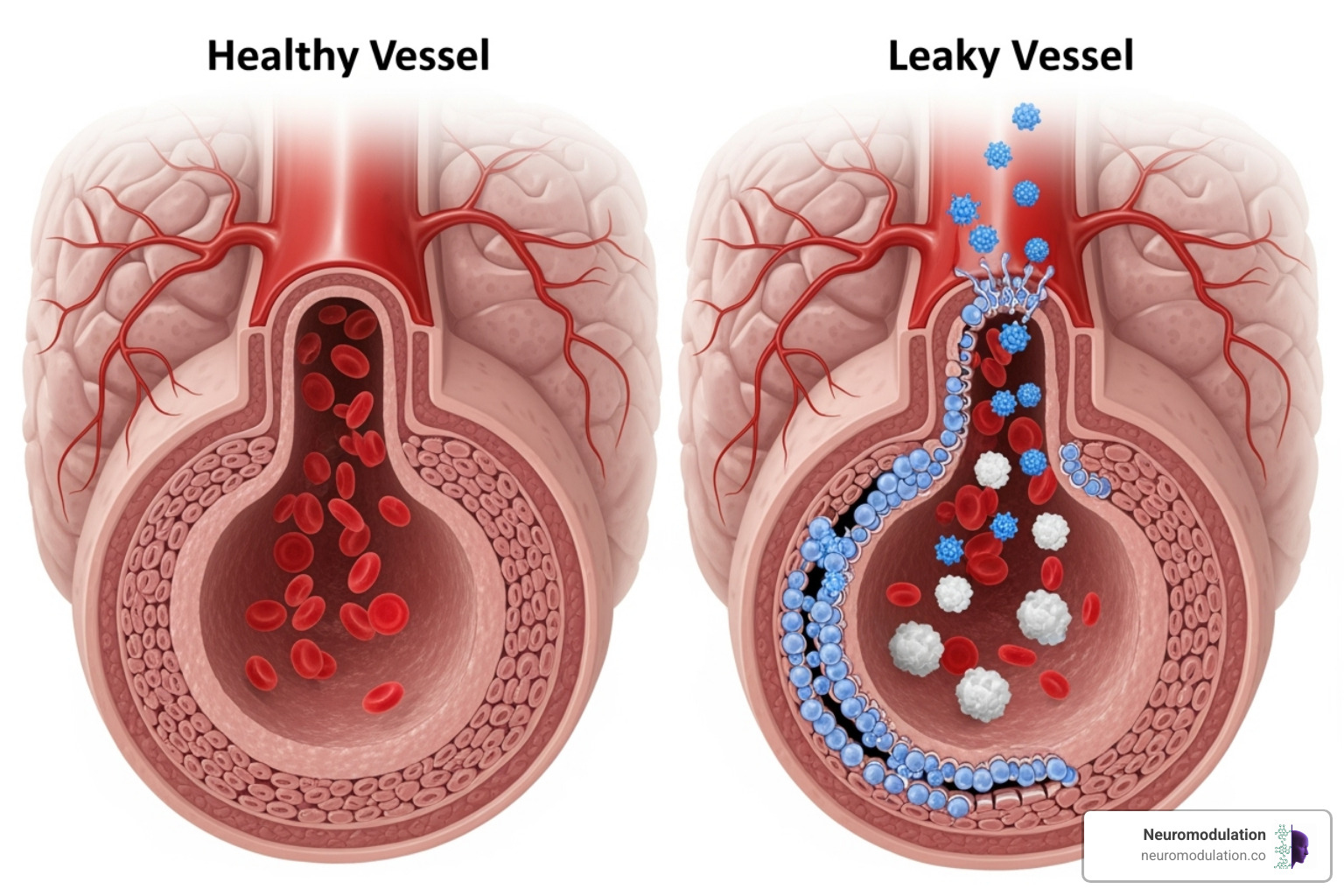 Healthy BBB compared to a leaky BBB in a disease state, showing increased permeability and inflammatory cell infiltration - Blood brain barrier