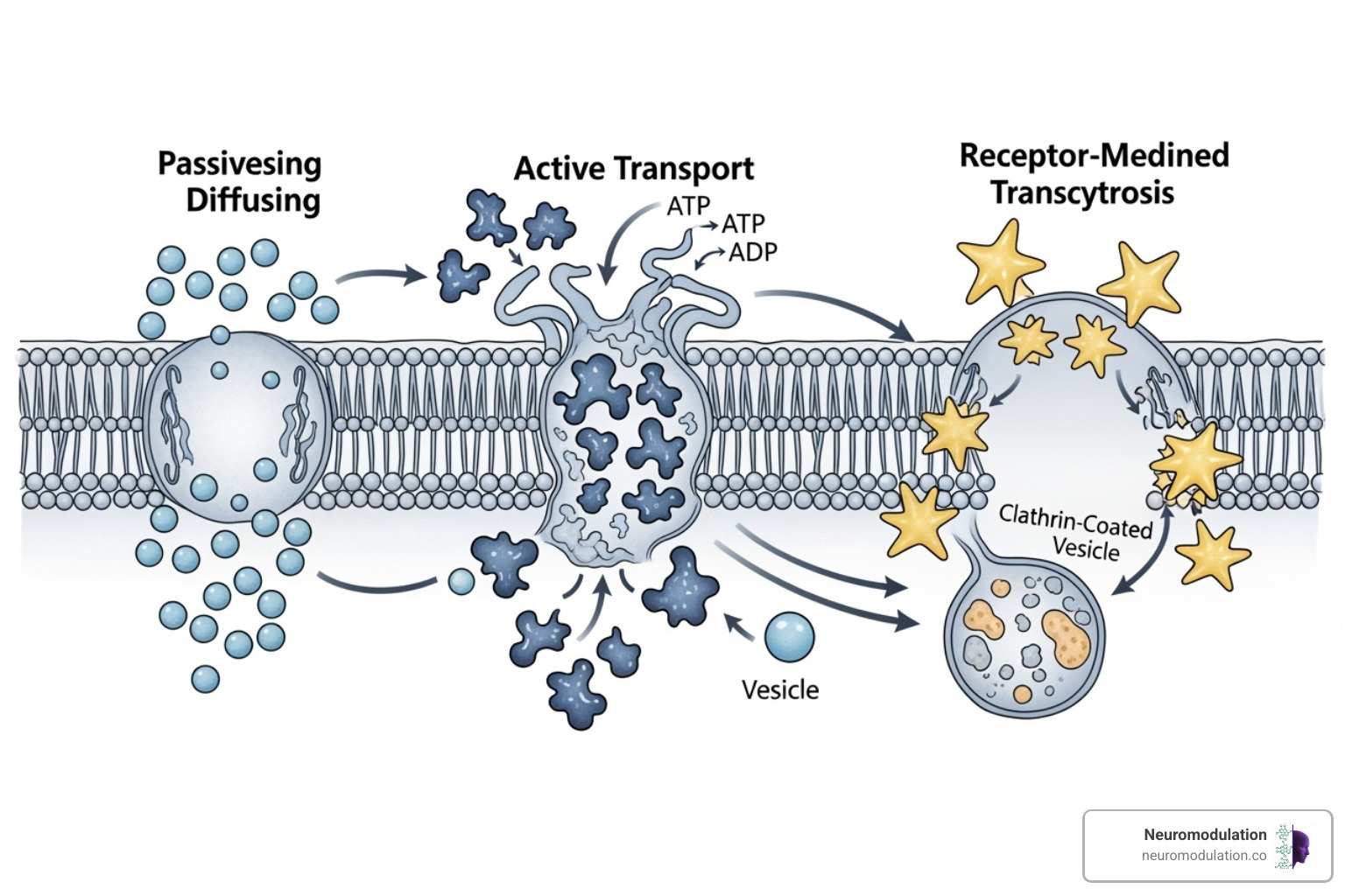 Different transport mechanisms across the BBB, including passive diffusion, active transport, and receptor-mediated transcytosis - Blood brain barrier