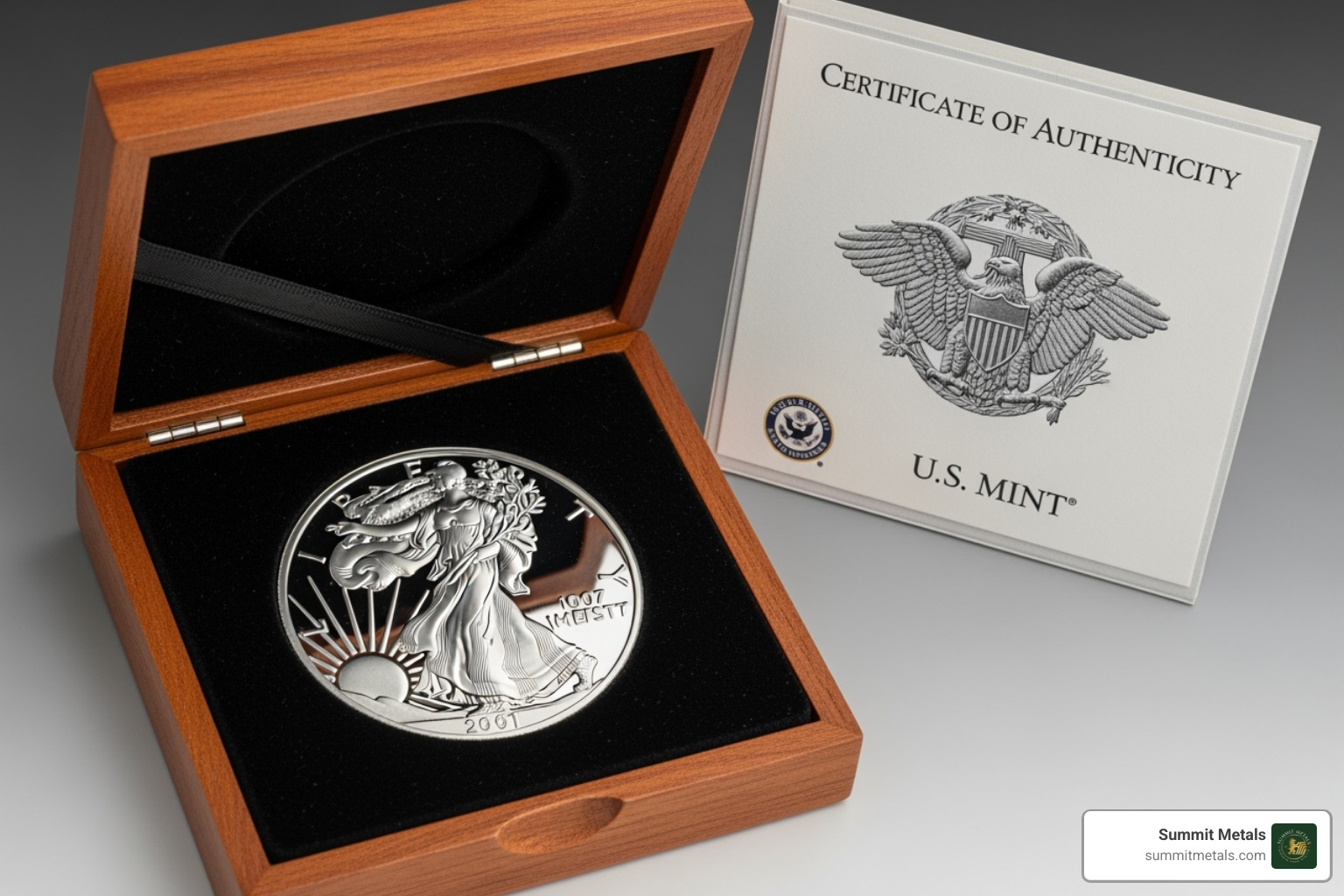 Image of a Proof American Silver Eagle in its display case - 1oz pure american eagle coin