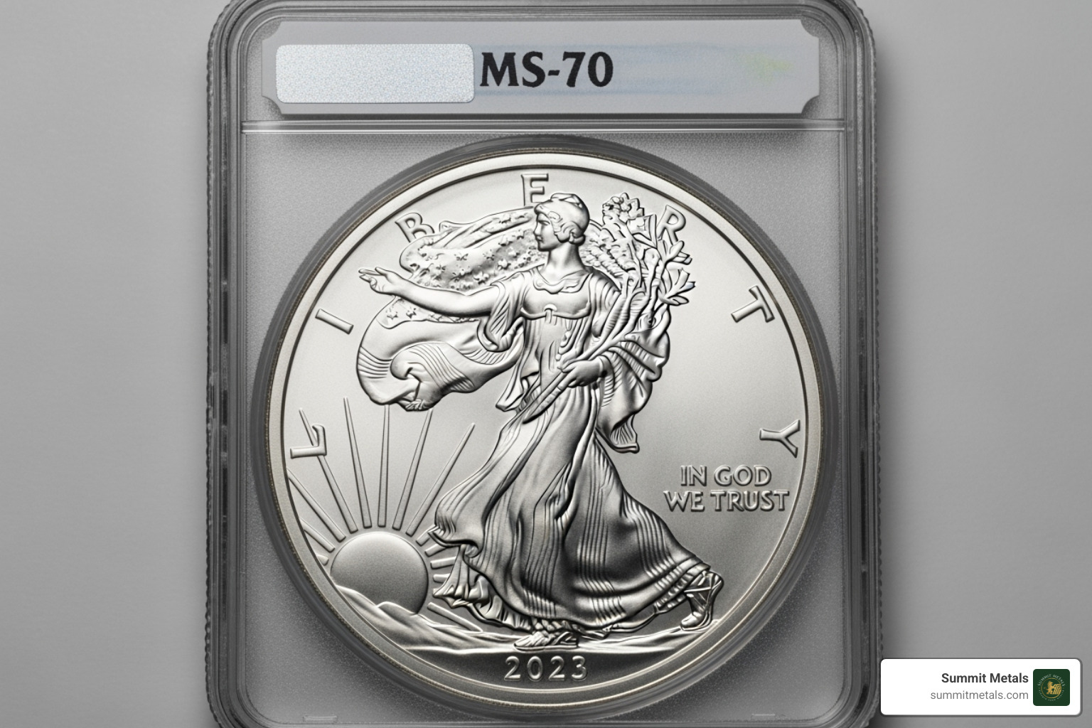 A highly graded MS-70 American Silver Eagle coin encapsulated in a protective slab - american silver eagles
