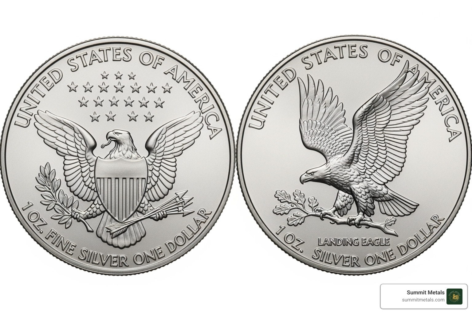 Image comparing the Type 1 and Type 2 reverse designs side-by-side - 1oz pure american eagle coin