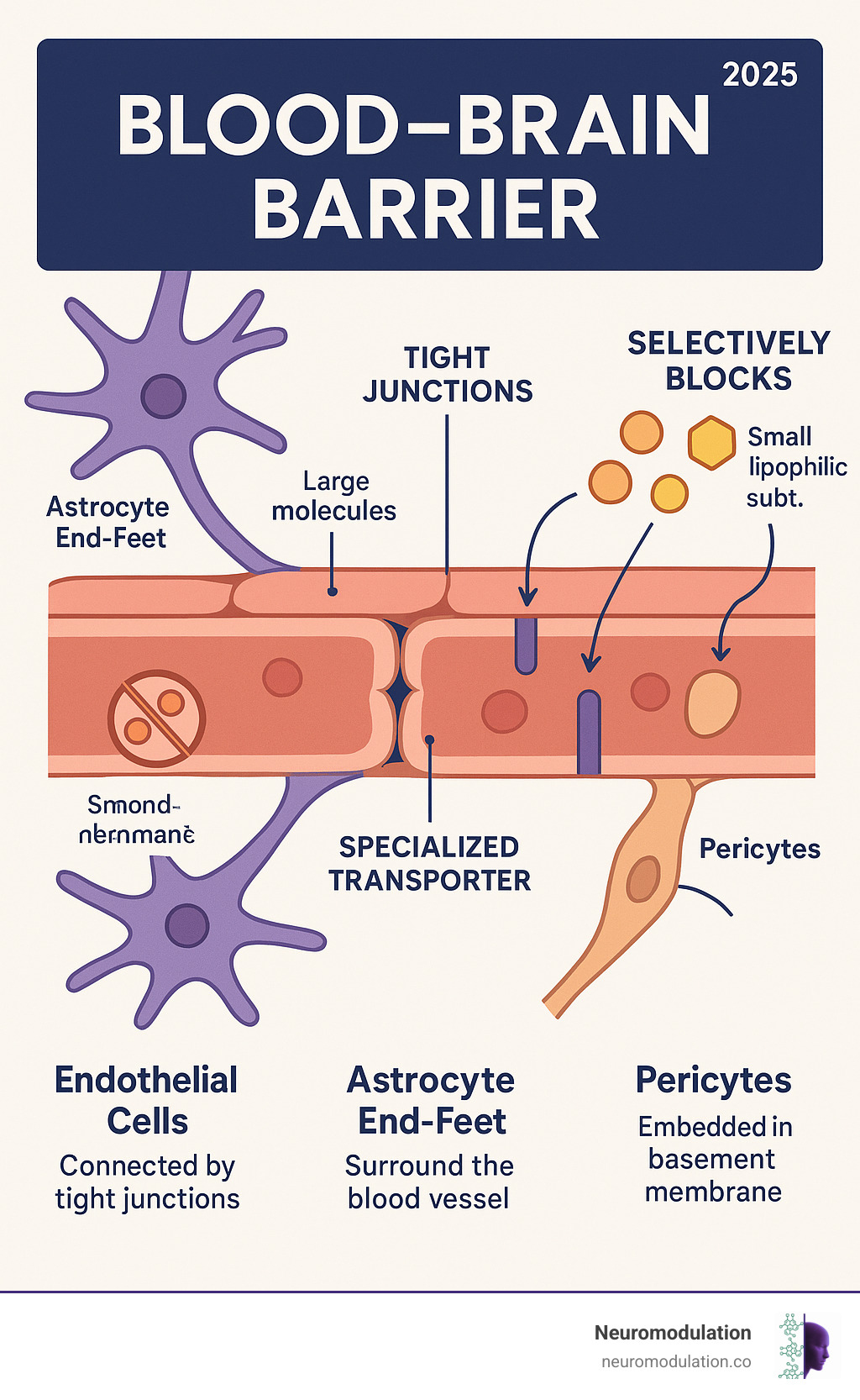 Detailed infographic showing the blood brain barrier structure with endothelial cells connected by tight junctions, surrounded by astrocyte end-feet and pericytes, illustrating how it selectively blocks large molecules while allowing small lipophilic substances and specific nutrients to pass through via specialized transporters - Blood brain barrier infographic 