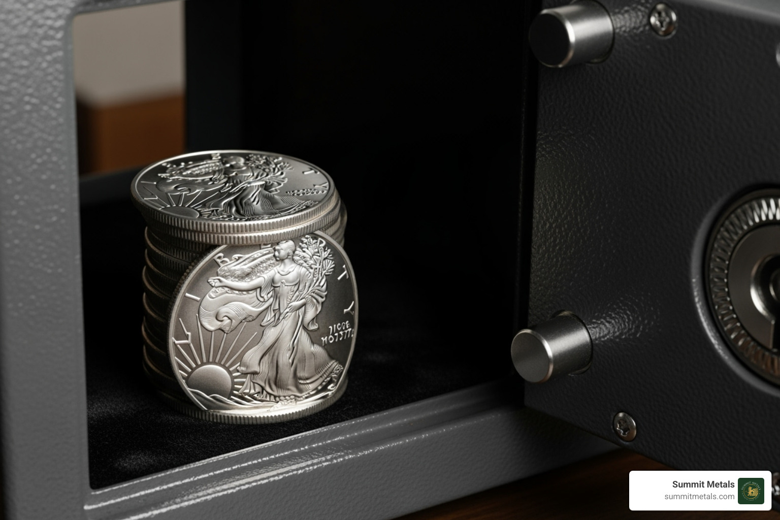 Stack of gleaming American Silver Eagle coins resting securely inside a home safe - buy us silver eagles