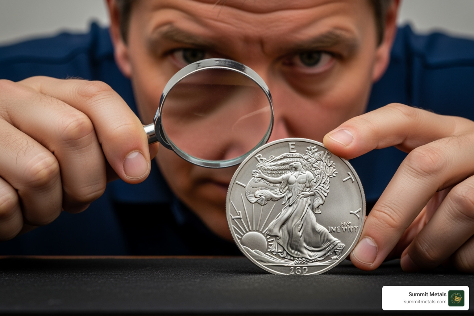 Someone carefully inspecting an American Silver Eagle coin with a magnifying glass - buy us silver eagles
