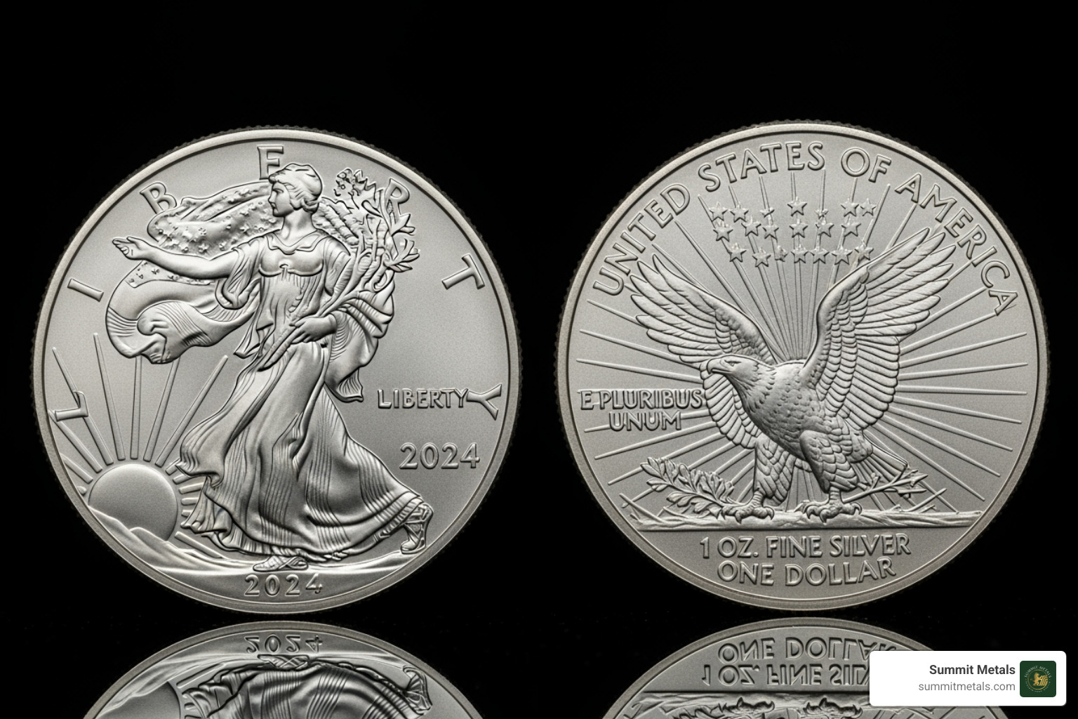 Side-by-side comparison of the American Silver Eagle's Walking Liberty obverse and the Type 2 eagle reverse designs - buy us silver eagles