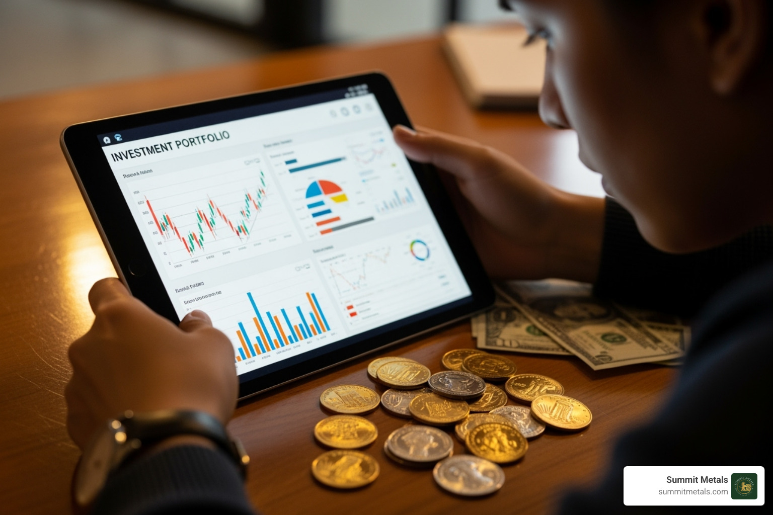 person looking at their investment portfolio on a tablet, with coins nearby - american eagle near me
