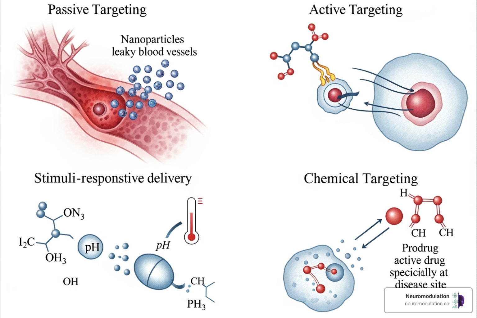 Diagram illustrating the four main categories of drug targeting strategies: Passive, Active, Stimuli-Responsive, and Chemical - site specific drug delivery Diagram illustrating the four main categories of drug targeting strategies: Passive, Active, Stimuli-Responsive, and Chemical - site specific drug delivery