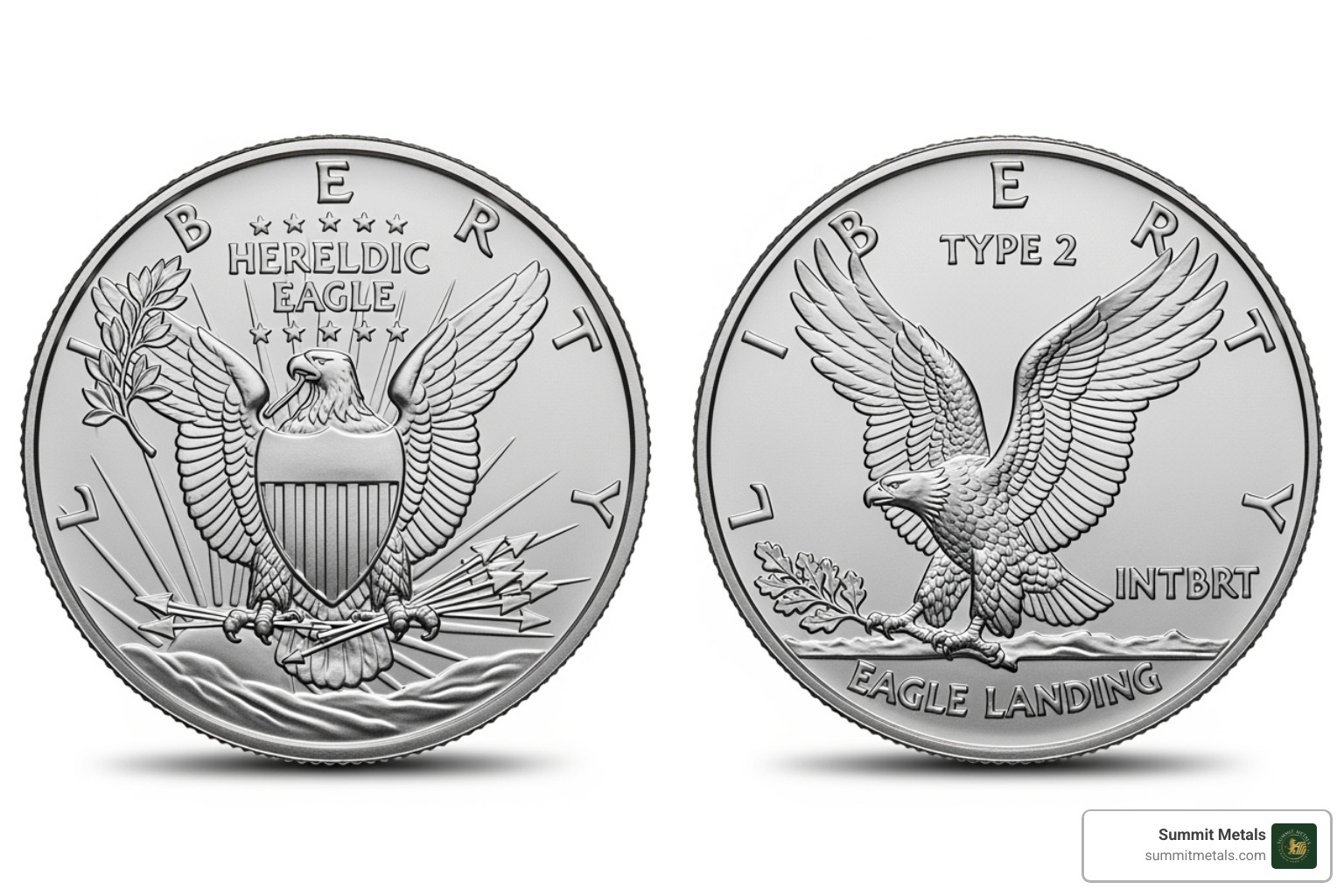 Image comparing the Type 1 Heraldic Eagle reverse and the Type 2 Eagle Landing reverse - circulated silver eagles