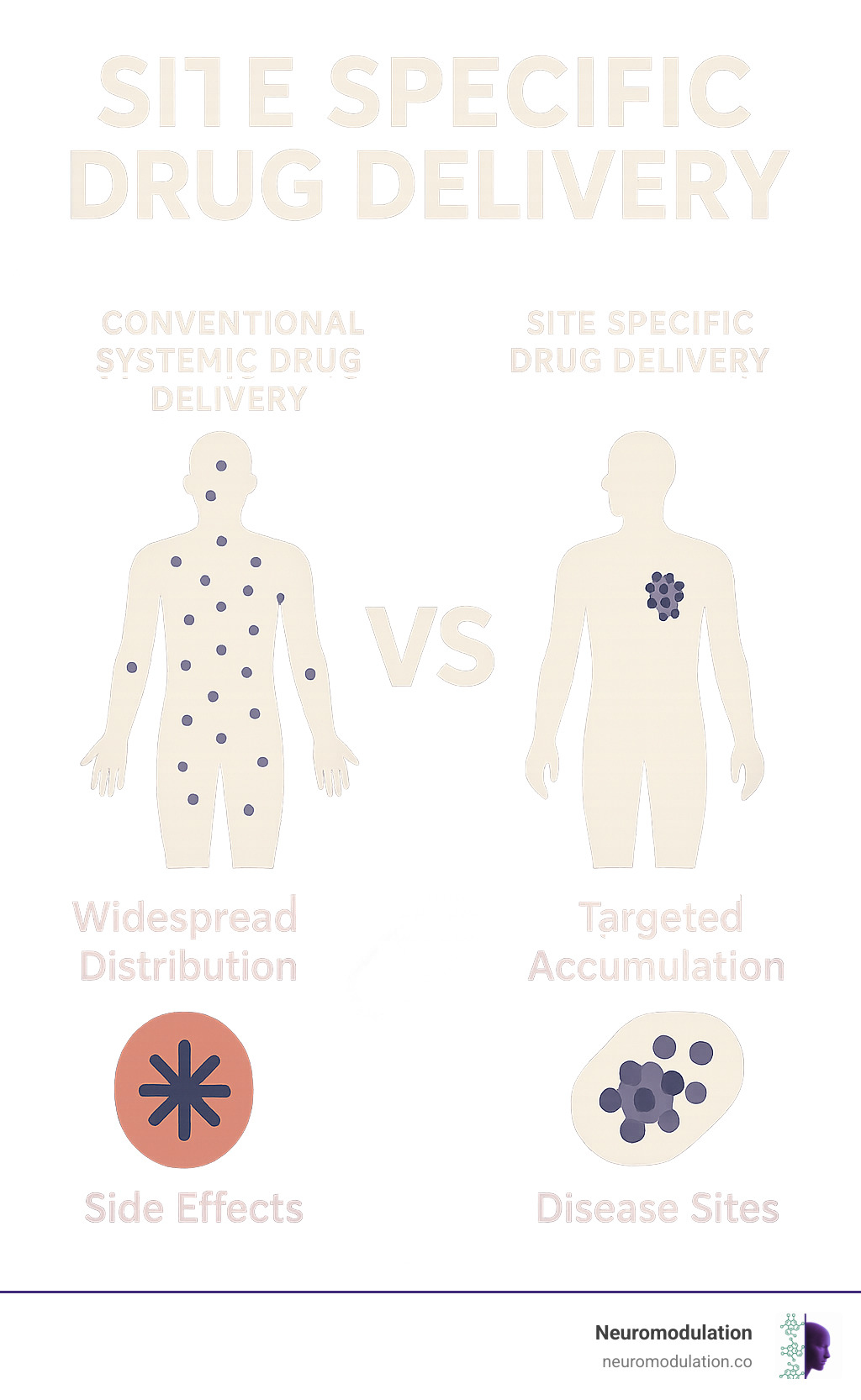 Detailed comparison infographic showing conventional systemic drug delivery with widespread distribution and side effects versus site specific drug delivery with targeted accumulation at disease sites and minimal healthy tissue exposure - site specific drug delivery infographic Detailed comparison infographic showing conventional systemic drug delivery with widespread distribution and side effects versus site specific drug delivery with targeted accumulation at disease sites and minimal healthy tissue exposure - site specific drug delivery infographic