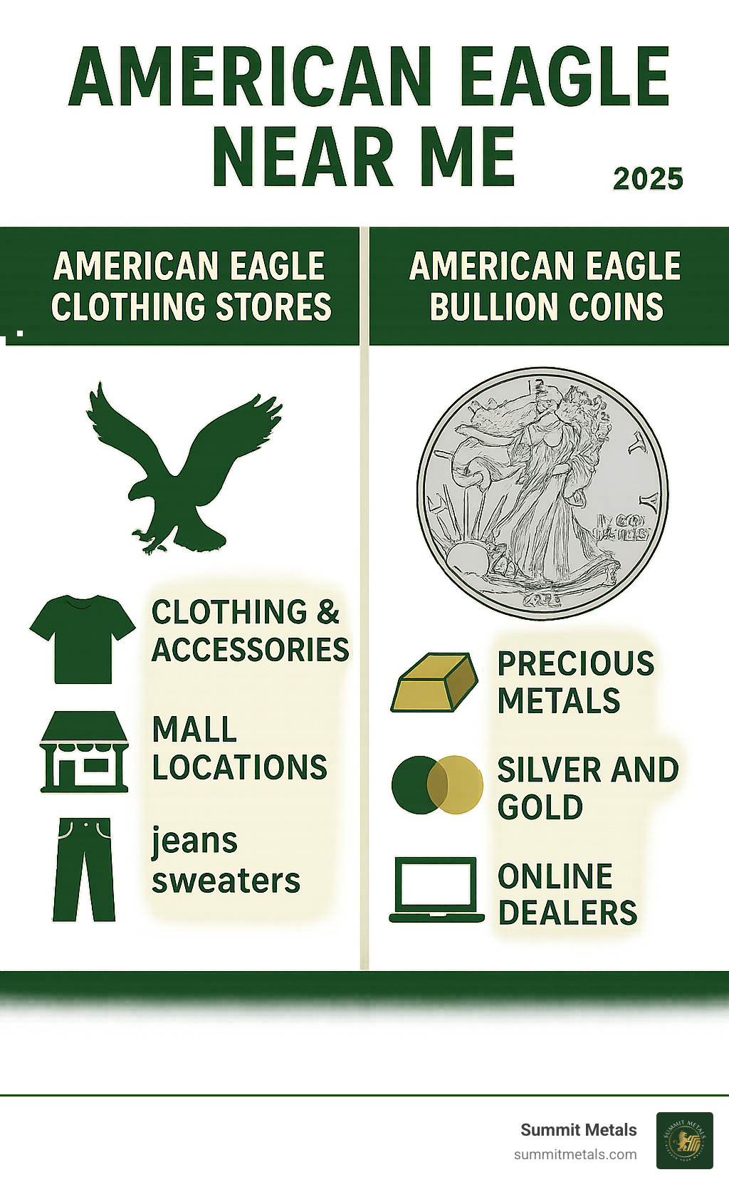 Infographic showing the key differences between American Eagle Outfitters retail stores (clothing, accessories, mall locations) and American Eagle bullion coins (precious metals, investment-grade silver and gold, online dealers) - american eagle near me infographic 