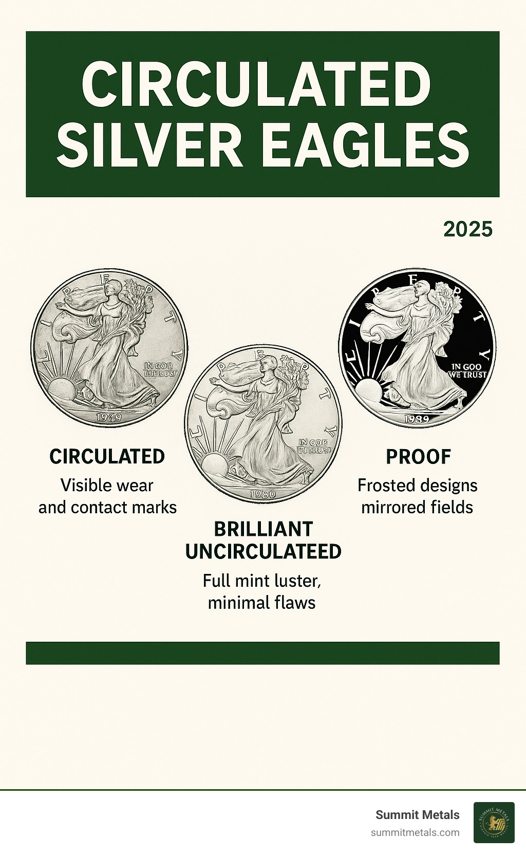 Infographic showing visual comparison between Circulated Silver Eagles with visible wear and contact marks, Brilliant Uncirculated Silver Eagles with full mint luster and minimal flaws, and Proof Silver Eagles with frosted designs on mirrored fields - circulated silver eagles infographic 
