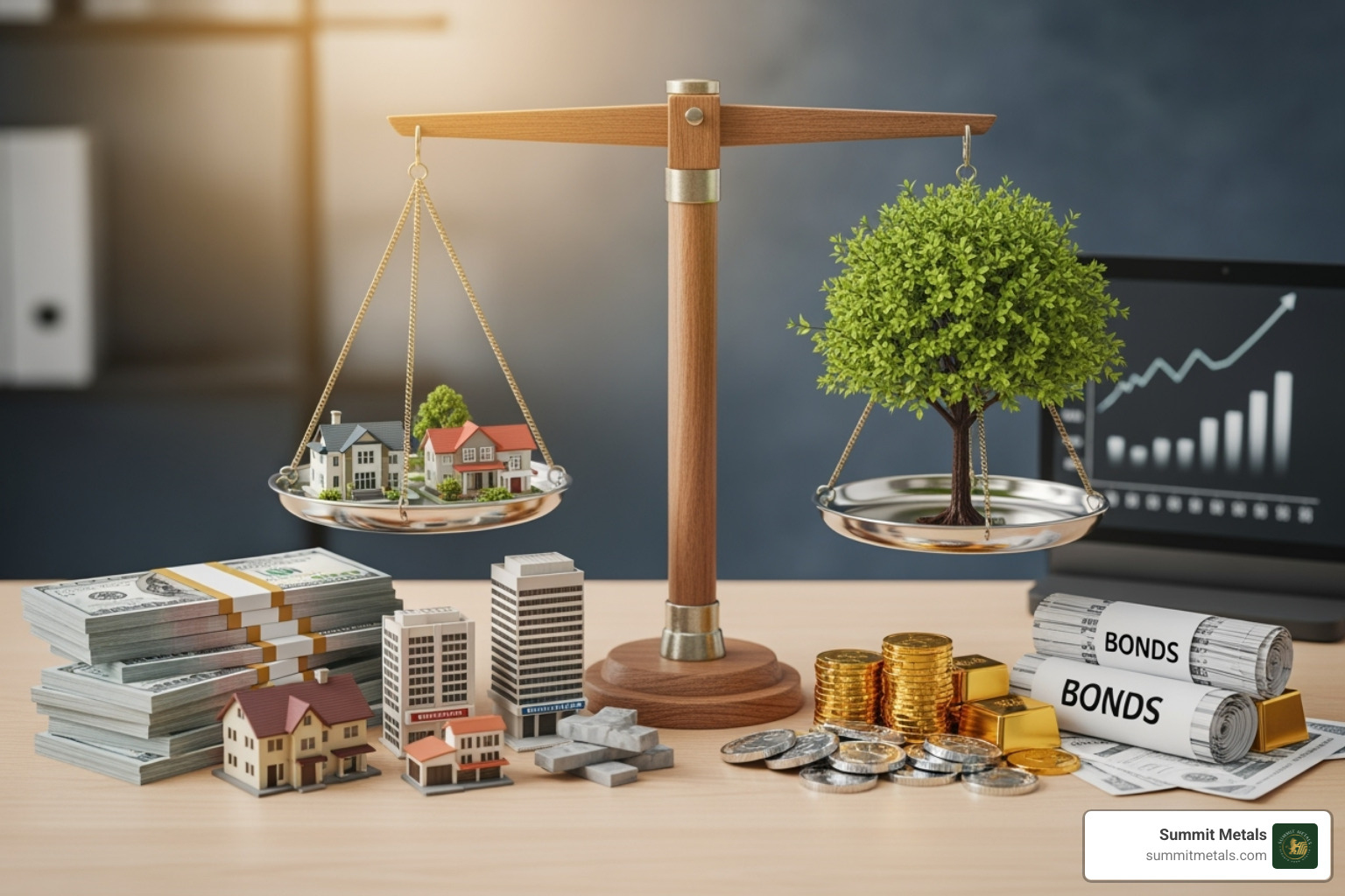 Diversified investment portfolio graphic including precious metals - investing in silver eagles