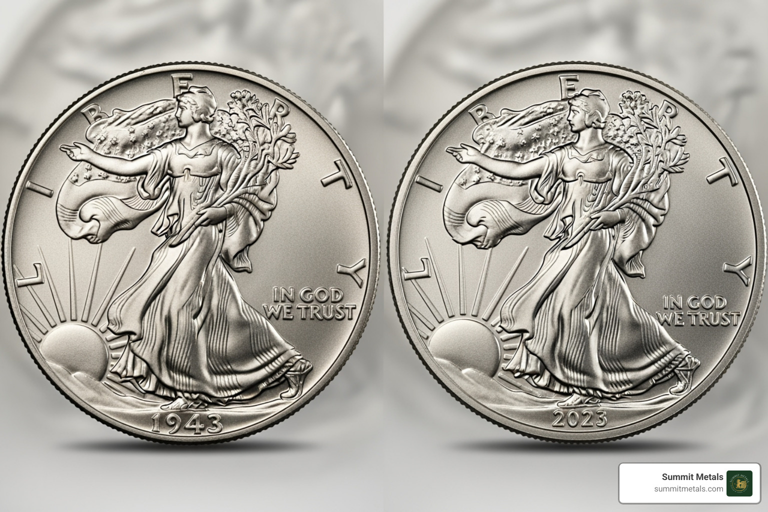 Walking Liberty Half Dollar side-by-side with a Type 1 Silver Eagle obverse - collecting silver eagles