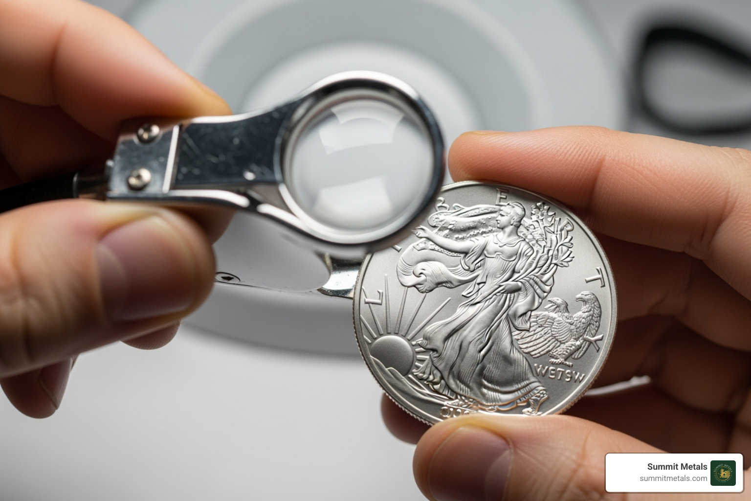 Coin grader examining a Silver Eagle with a loupe - graded american silver eagles