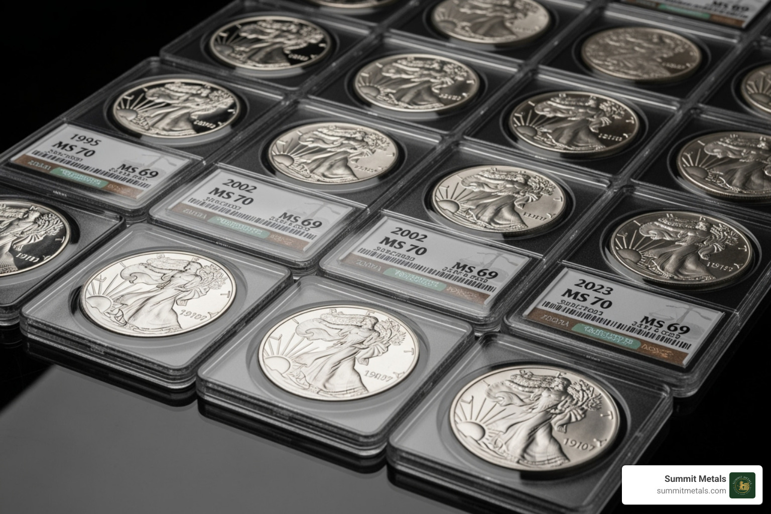Collection of graded Silver Eagles with different labels and years - graded american silver eagles