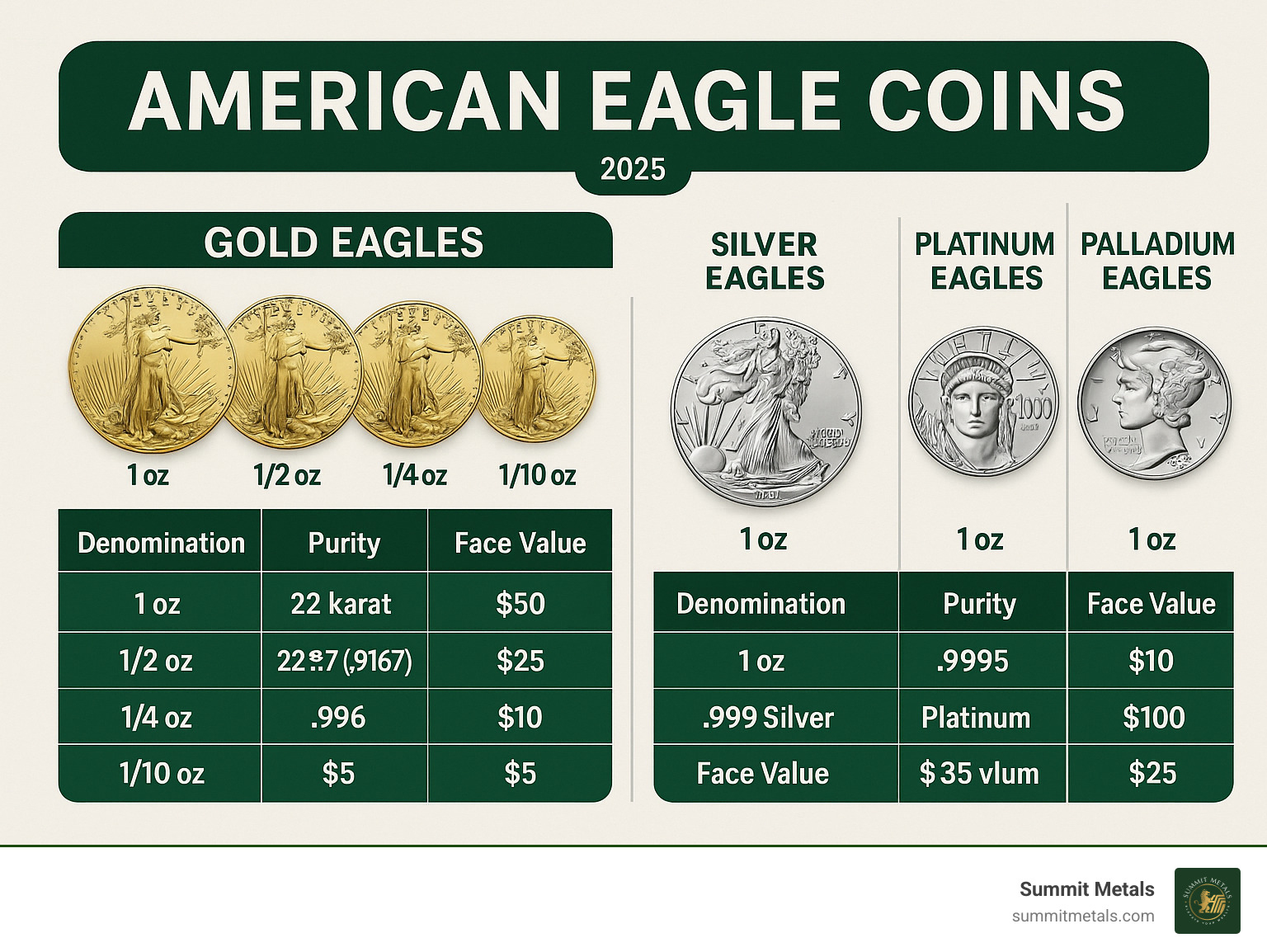 Comprehensive breakdown of American Eagle coin types showing Gold Eagles in 1 oz, 1/2 oz, 1/4 oz, and 1/10 oz denominations, Silver Eagles in 1 oz, Platinum Eagles in 1 oz with $100 face value, and Palladium Eagles in 1 oz, with specifications including purity levels, face values, and key design elements for each metal type - american eagle coin infographic 