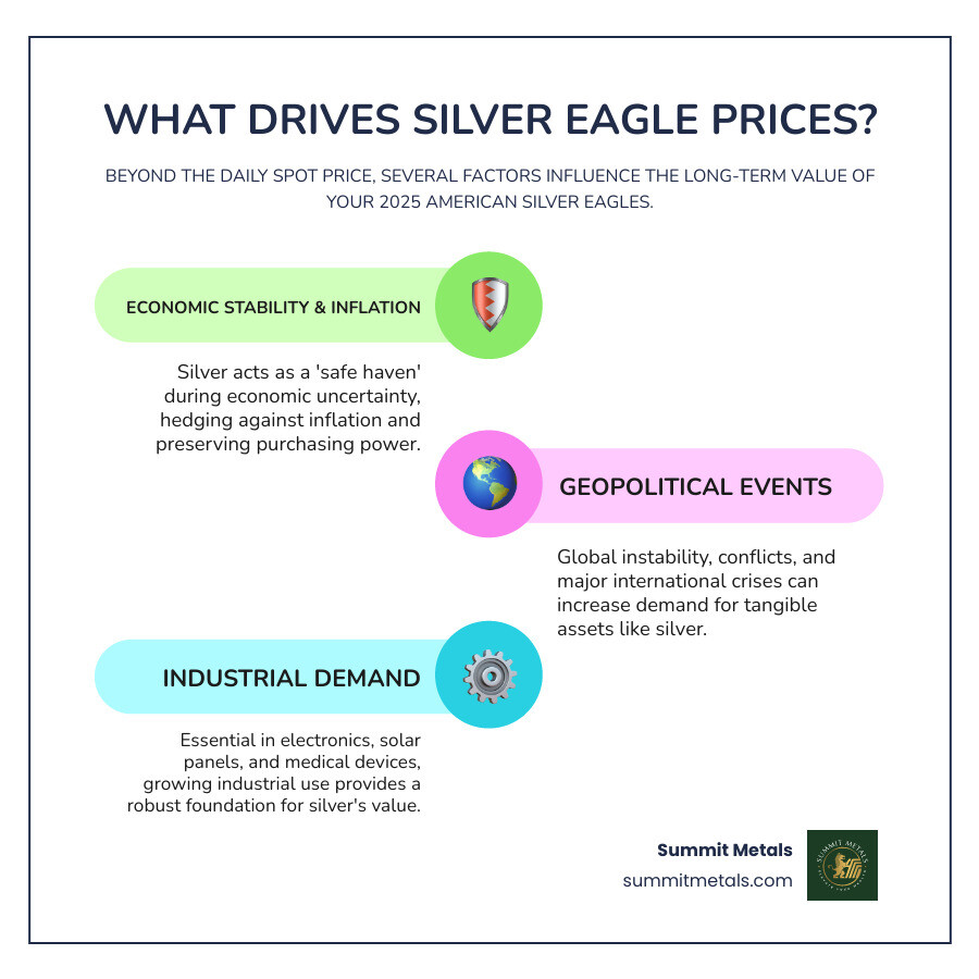 Infographic on factors influencing silver prices - 2025 american silver eagles for sale infographic infographic-line-3-steps-colors