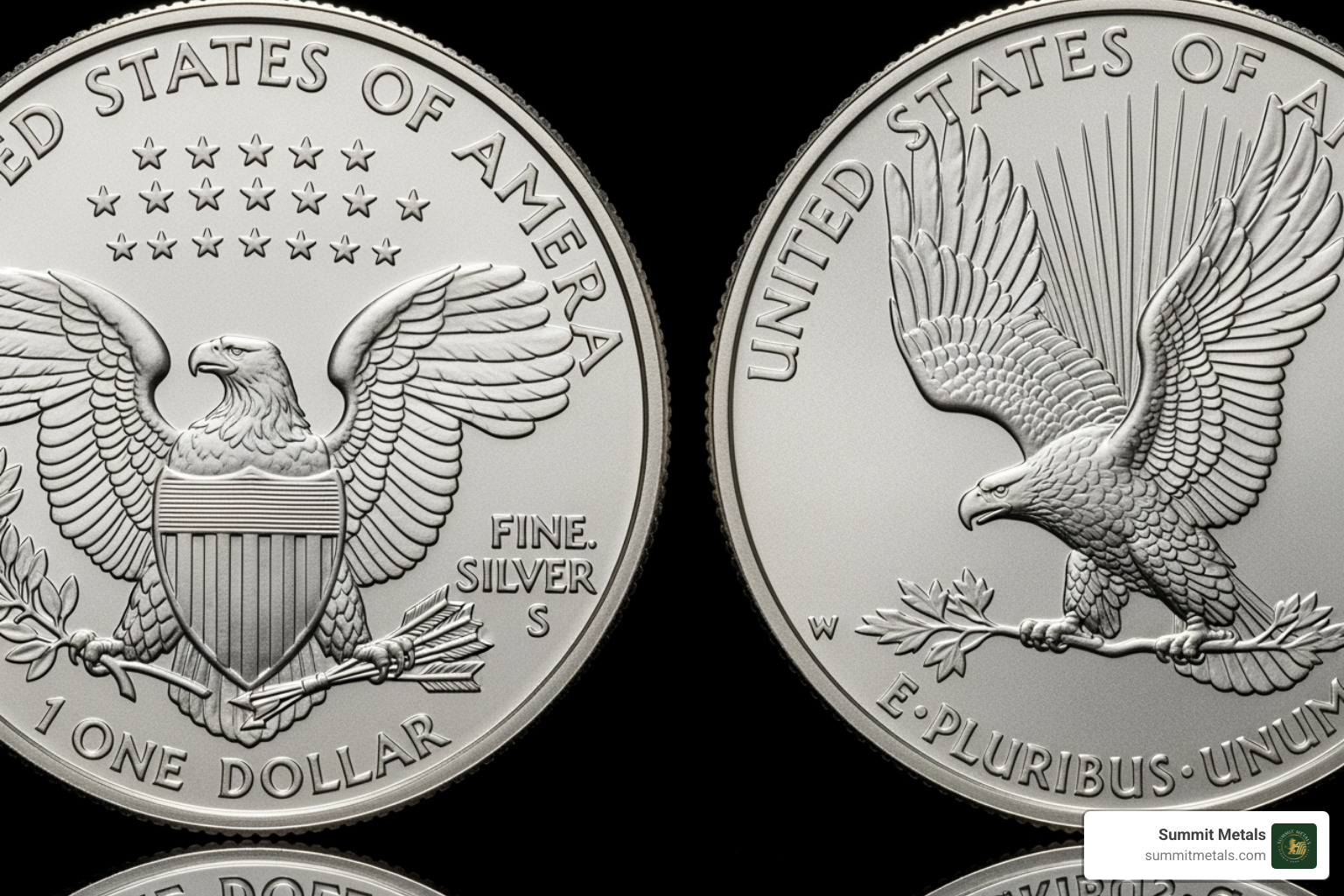 Image showing a side-by-side comparison of the Type 1 and Type 2 reverse designs of the American Silver Eagle - buy 1 oz silver eagles