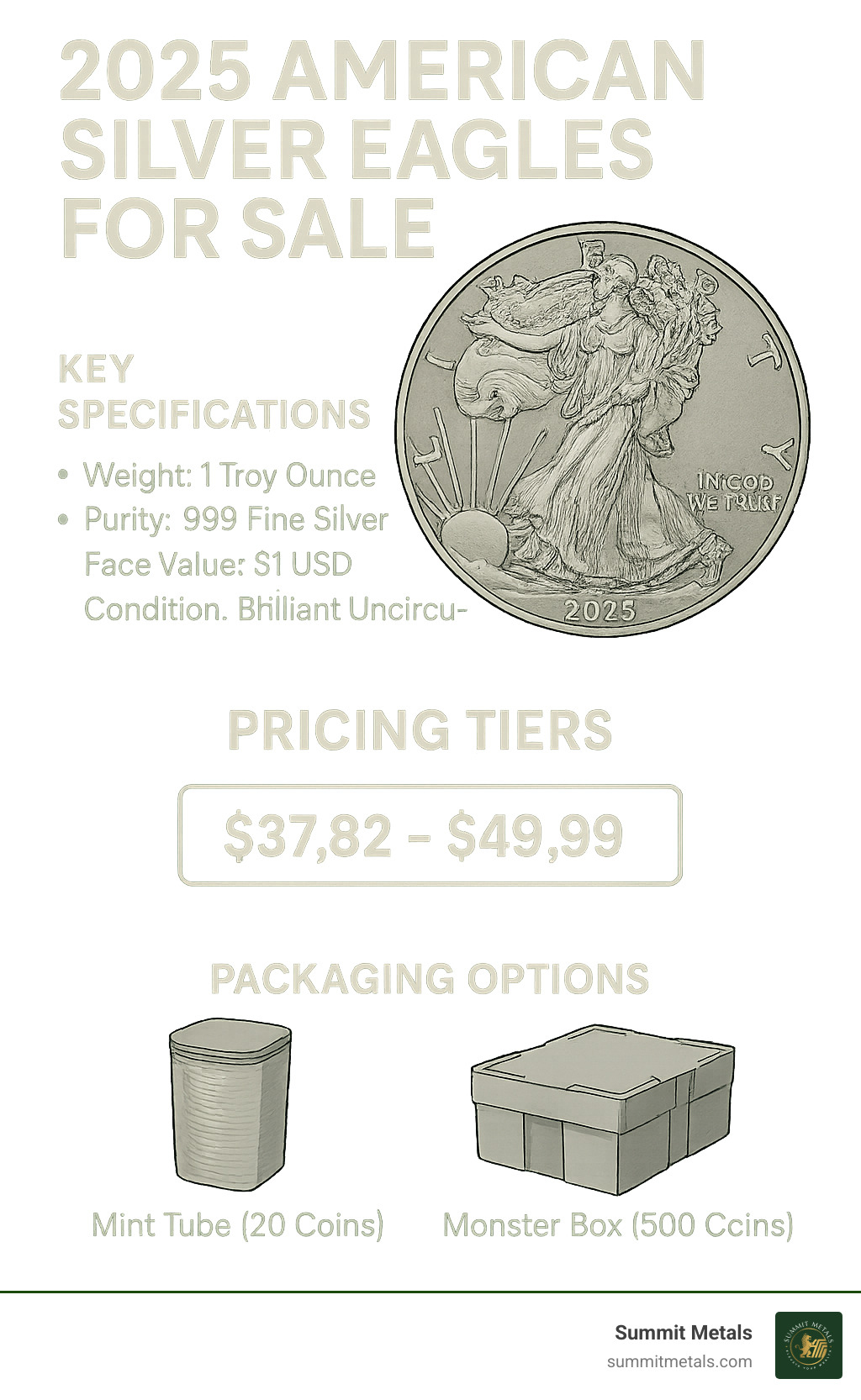 Detailed specifications and purchasing options for 2025 American Silver Eagles including weight, purity, face value, pricing tiers, and packaging options from various authorized dealers - 2025 american silver eagles for sale infographic 