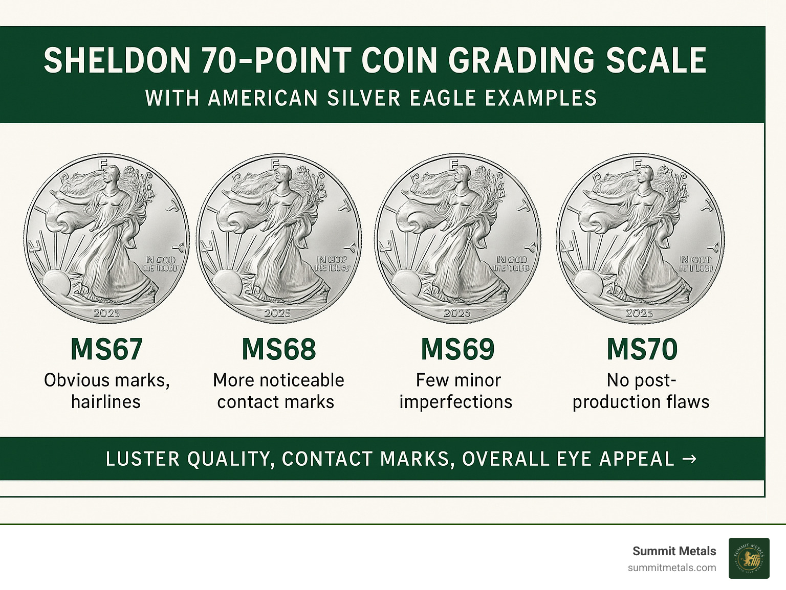 Infographic showing the Sheldon 70-point coin grading scale with American Silver Eagle examples at different grades, highlighting the visual differences between MS67, MS68, MS69, and MS70 conditions including luster quality, contact marks, and overall eye appeal - graded american silver eagles infographic 