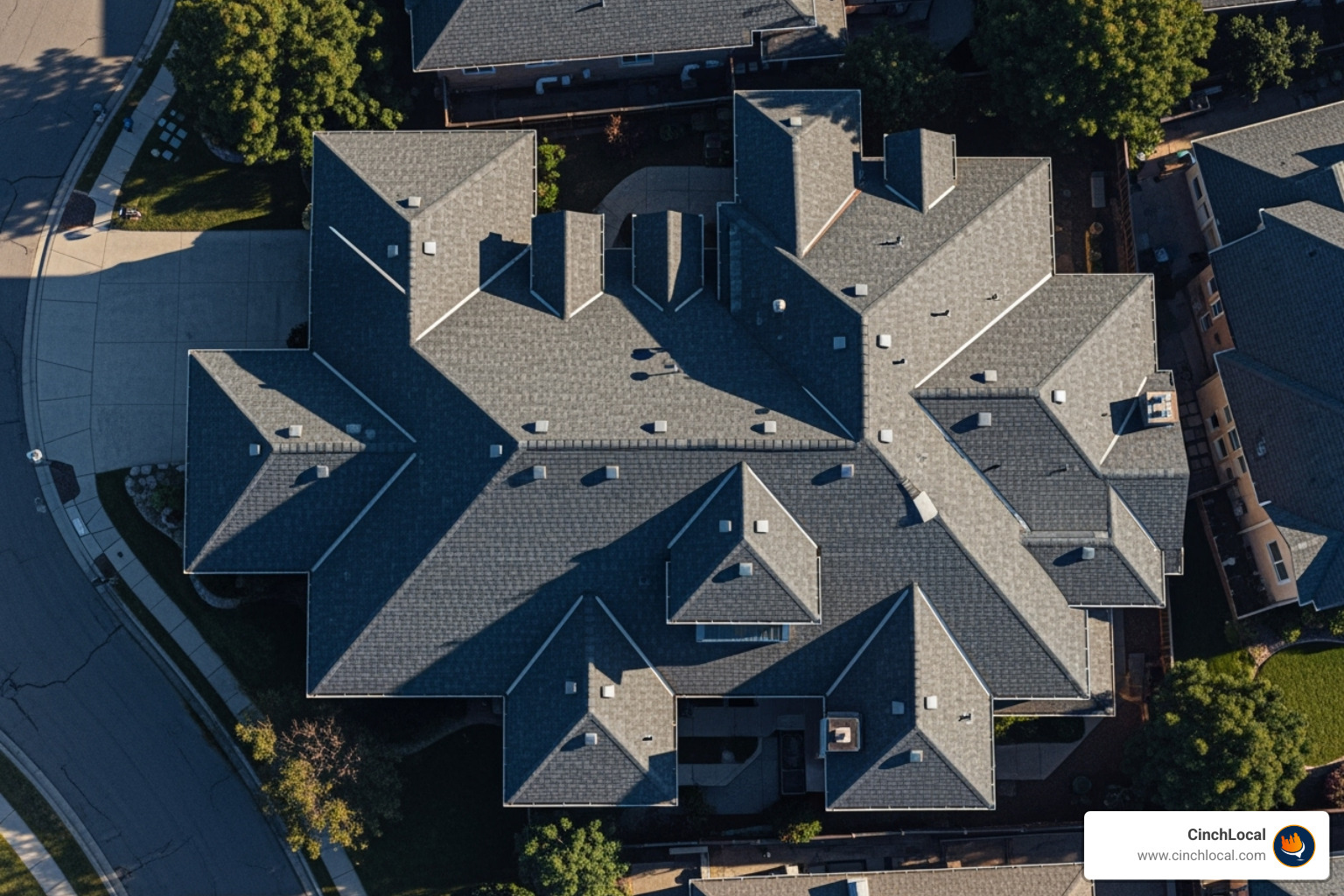 Satellite view of complex roof on Google Earth. Colors: #002f52 #ff7e29 - Google Maps for roofers
