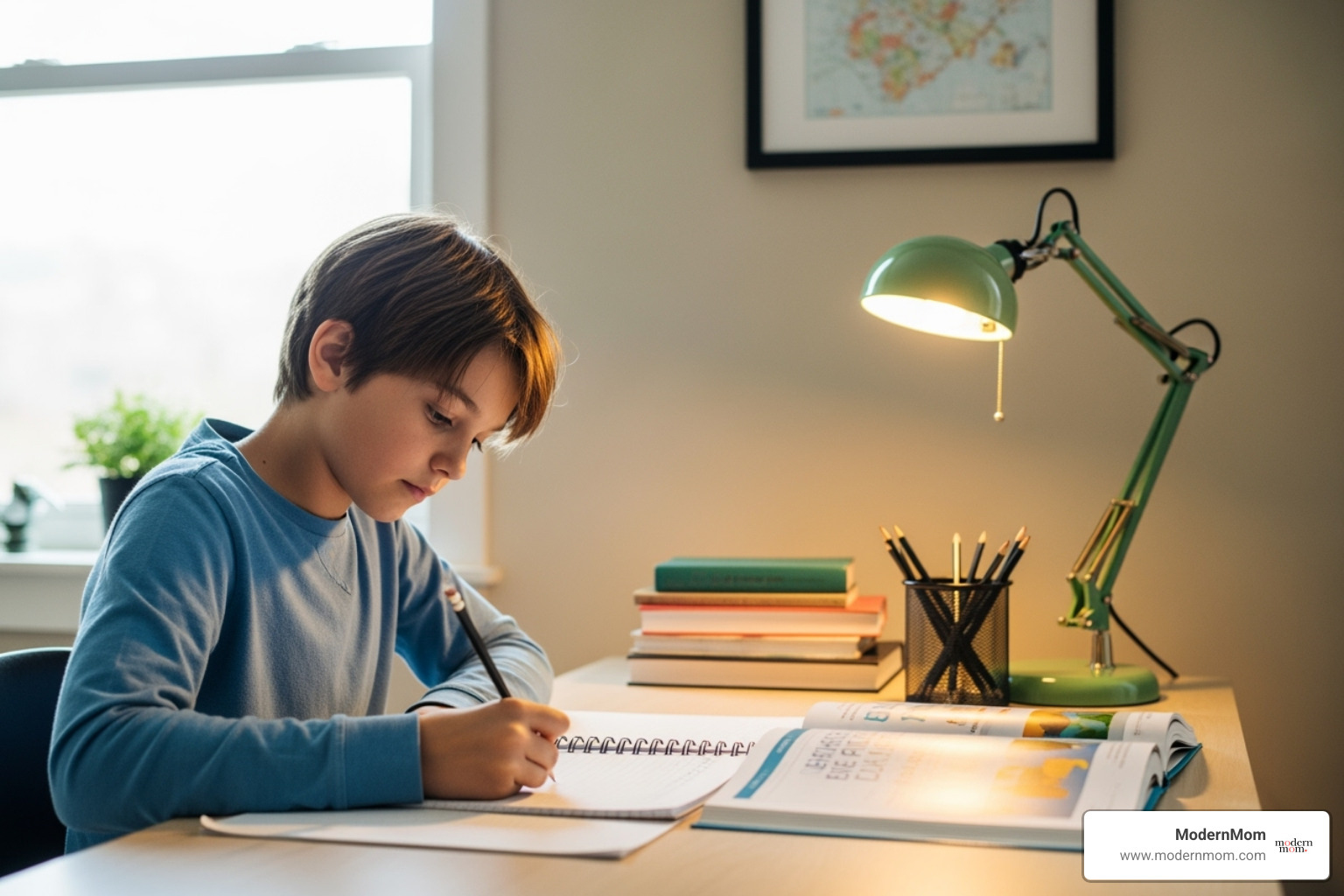 Child doing homework in a well-lit, organized space - Back to School