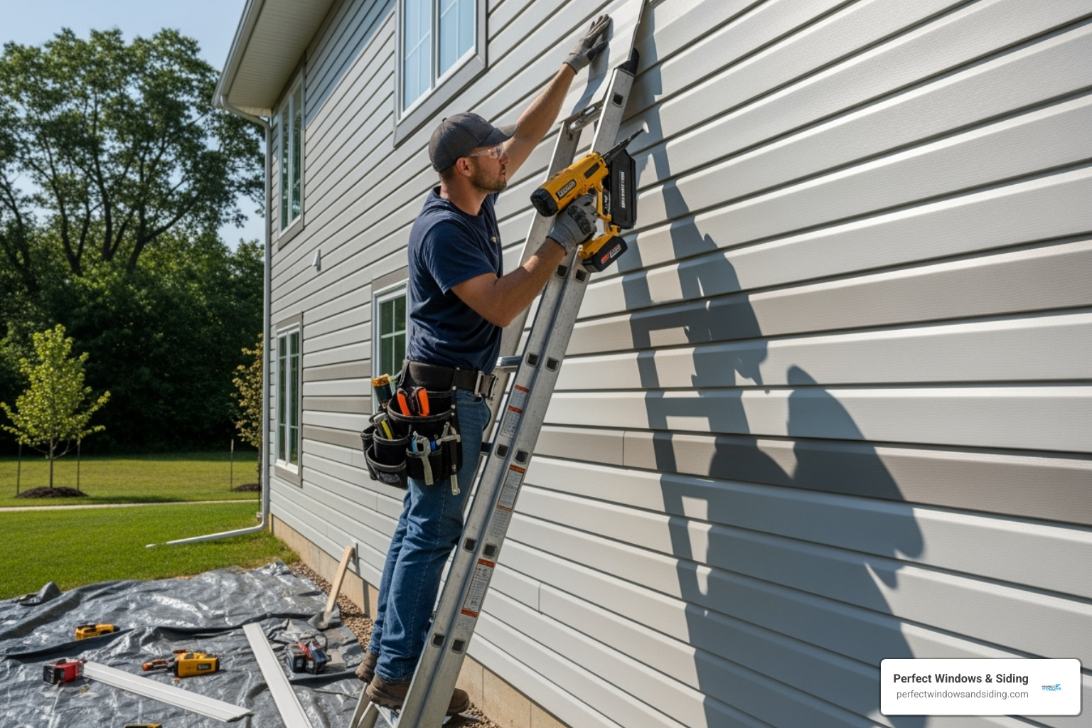 A professional siding installer carefully fitting a panel - siding installer