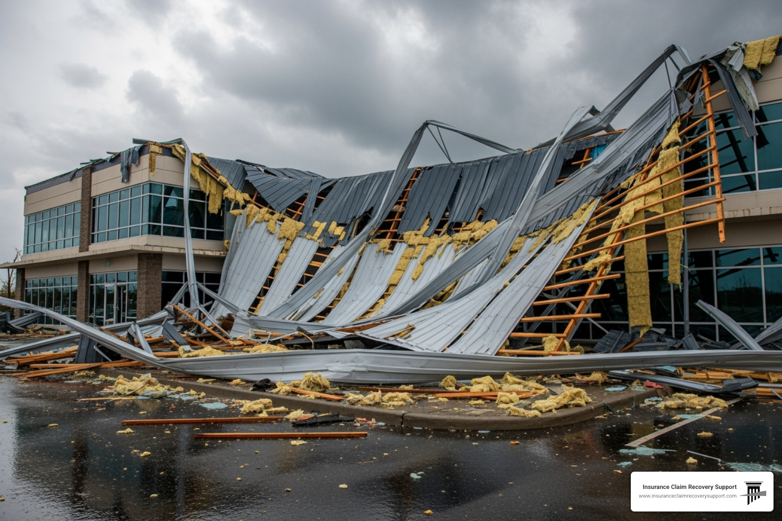 Commercial building with partially torn roof - Dallas-Fort Worth storm damage