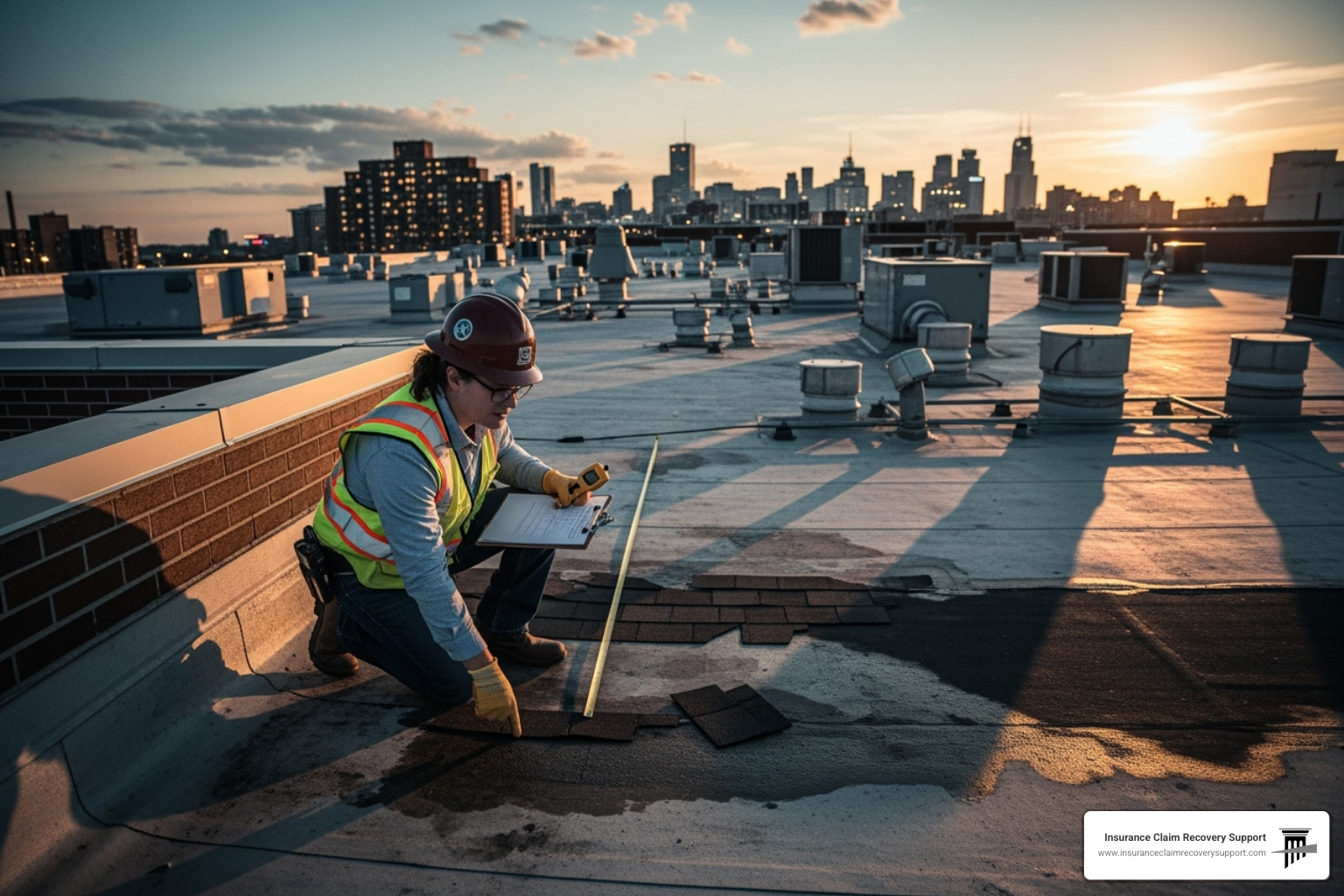 Public Adjuster inspecting commercial roof - Dallas-Fort Worth storm damage