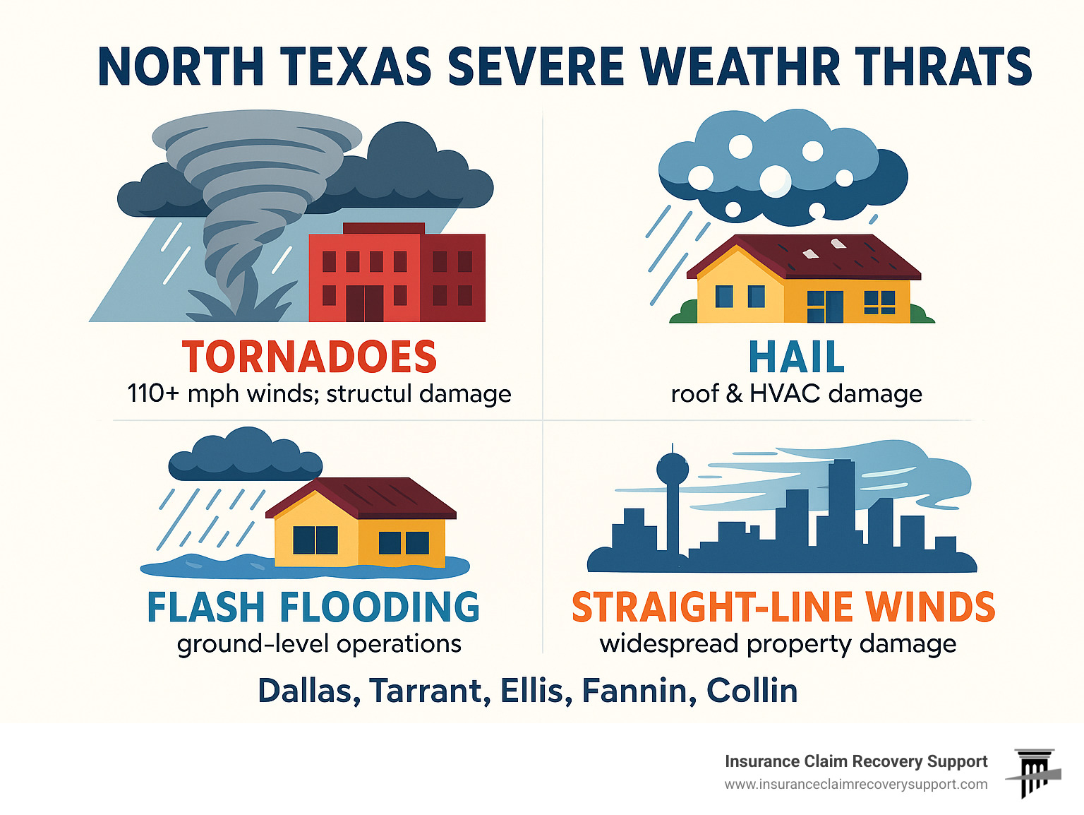Infographic showing types of North Texas severe weather threats including tornadoes with 110+ mph winds causing structural damage to commercial buildings, baseball-sized hail damaging roofs and HVAC systems, flash flooding affecting ground-level operations, and straight-line winds causing widespread property damage across Dallas, Tarrant, Ellis, Fannin, and Collin counties - Dallas-Fort Worth storm damage infographic 