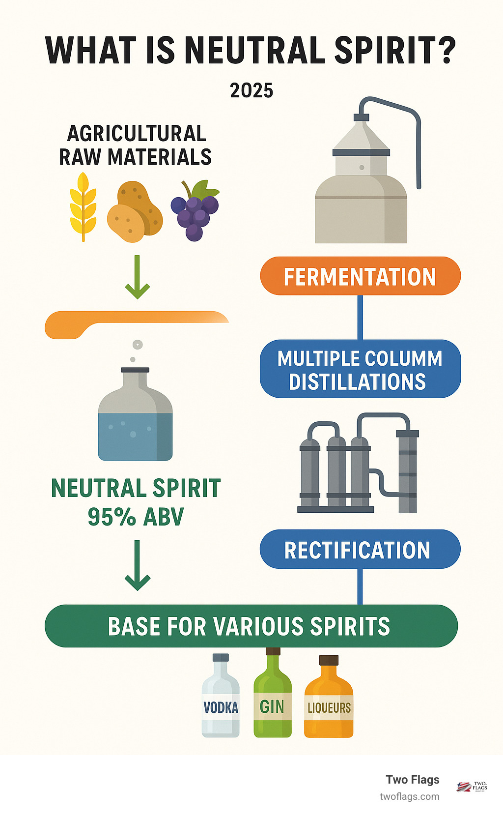Infographic showing the journey from agricultural raw materials (grains, potatoes, grapes) through fermentation, multiple column distillations, and rectification processes to produce clear, colorless, odorless neutral spirit at 95%+ ABV, which then becomes the base for various spirits like vodka, gin, and liqueurs - What is neutral spirit? infographic 