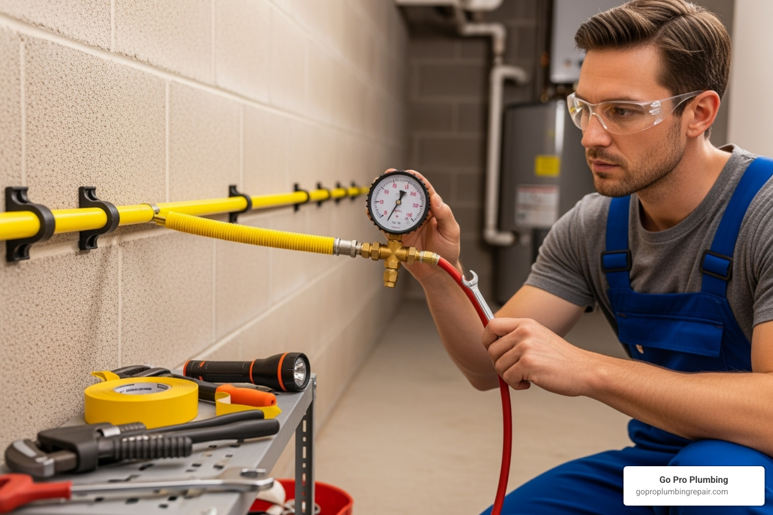 certified plumber performing a pressure test - plastic gas line repair