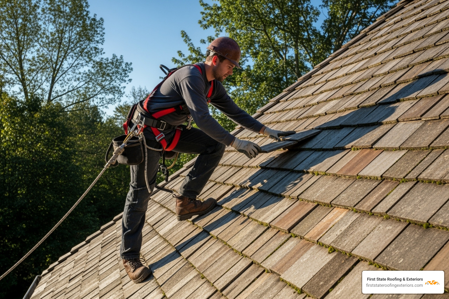 roofer carefully inspecting a cedar shake roof, wearing a safety harness - cedar shake roofers near me