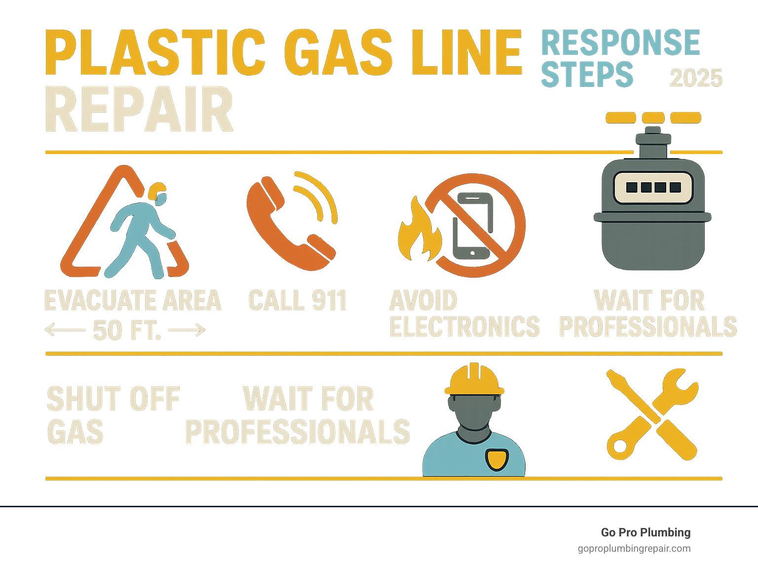 Infographic showing immediate gas leak response steps: evacuate area within 50 feet, call 911 immediately, shut off gas meter if safely accessible, avoid all electronics and ignition sources, wait for certified professionals to arrive, never attempt DIY repairs on gas lines - plastic gas line repair infographic 