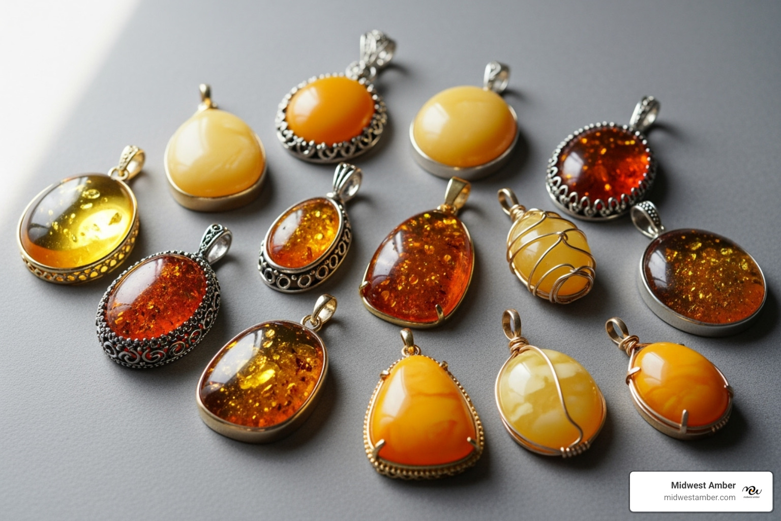 collection of different egg yolk amber pendants, showing various styles and settings - egg yolk amber pendant