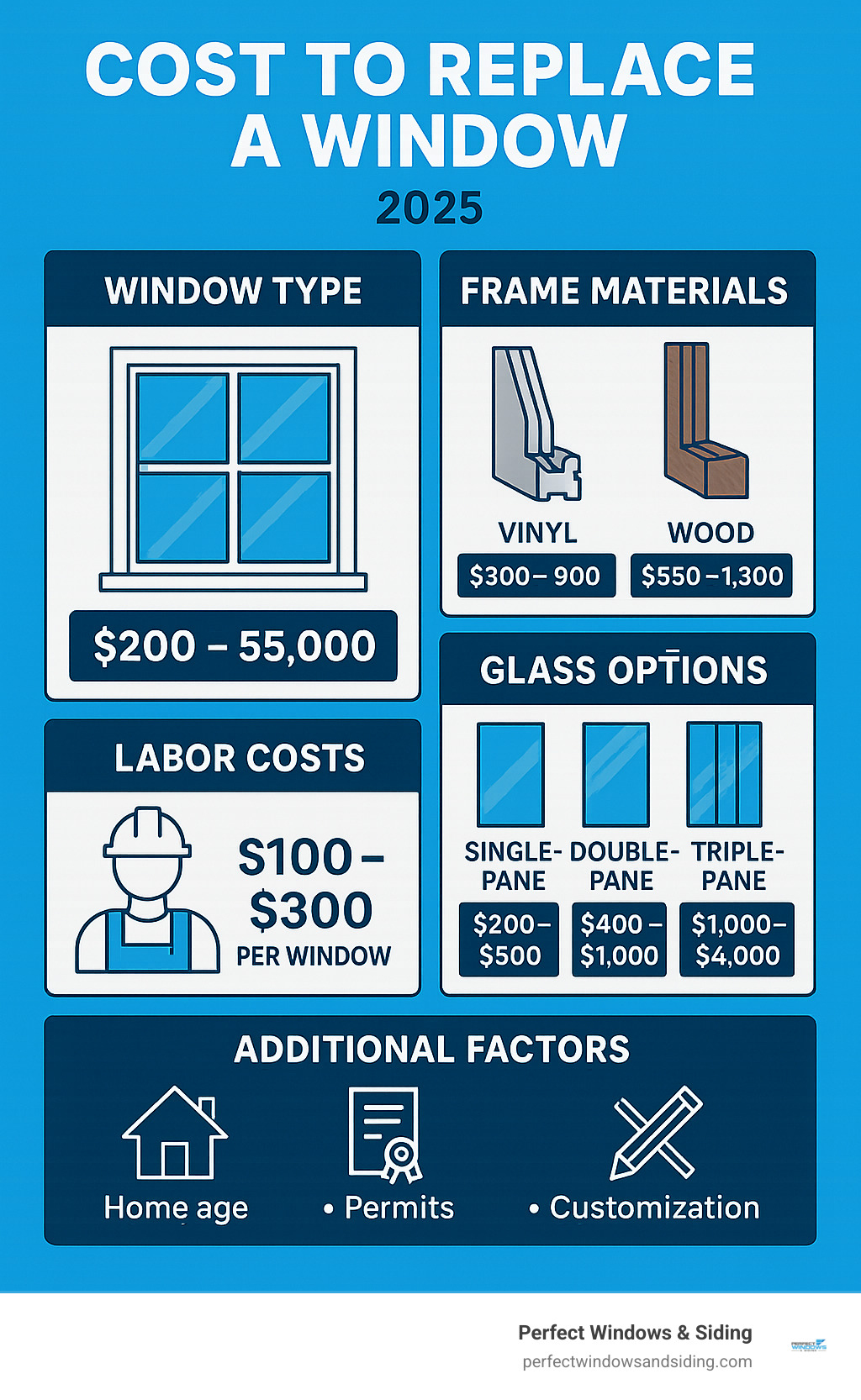 Infographic showing the main factors affecting window replacement cost: window type ranges from $200-$5000, frame materials from vinyl at $300-$900 to wood at $650-$1300, glass options from single-pane at $200-$600 to triple-pane at $1000-$4000, labor costs $100-$300 per window, and additional factors like home age, permits, and customization that can increase total project costs - cost to replace a window infographic 