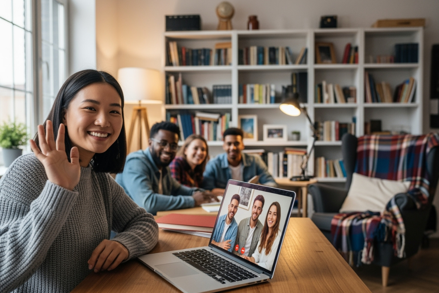 a student smiling while video-chatting with a potential landlord or roommate - study abroad housing