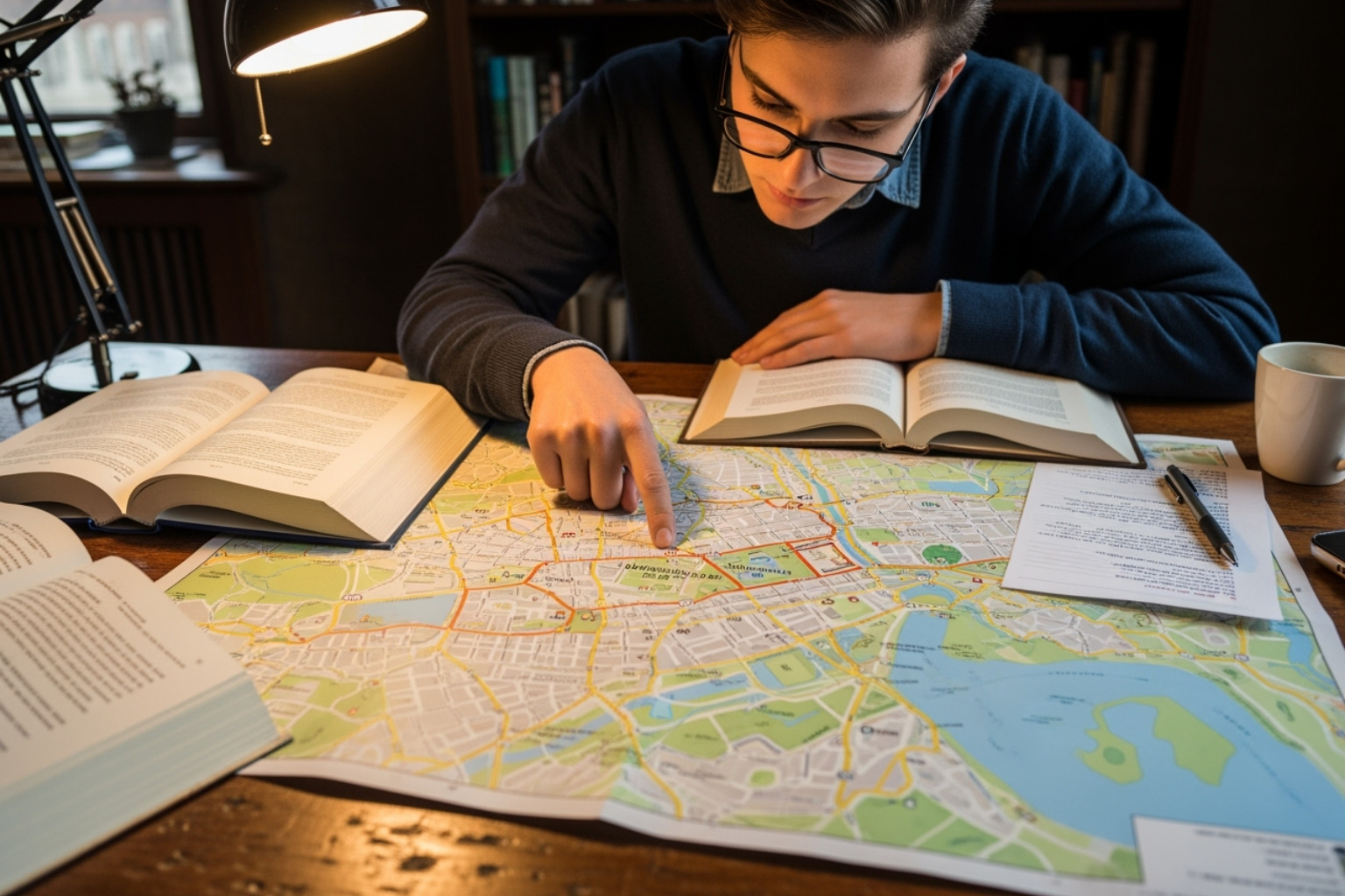 a person looking at a city map, planning a route from an apartment to a university - study abroad housing