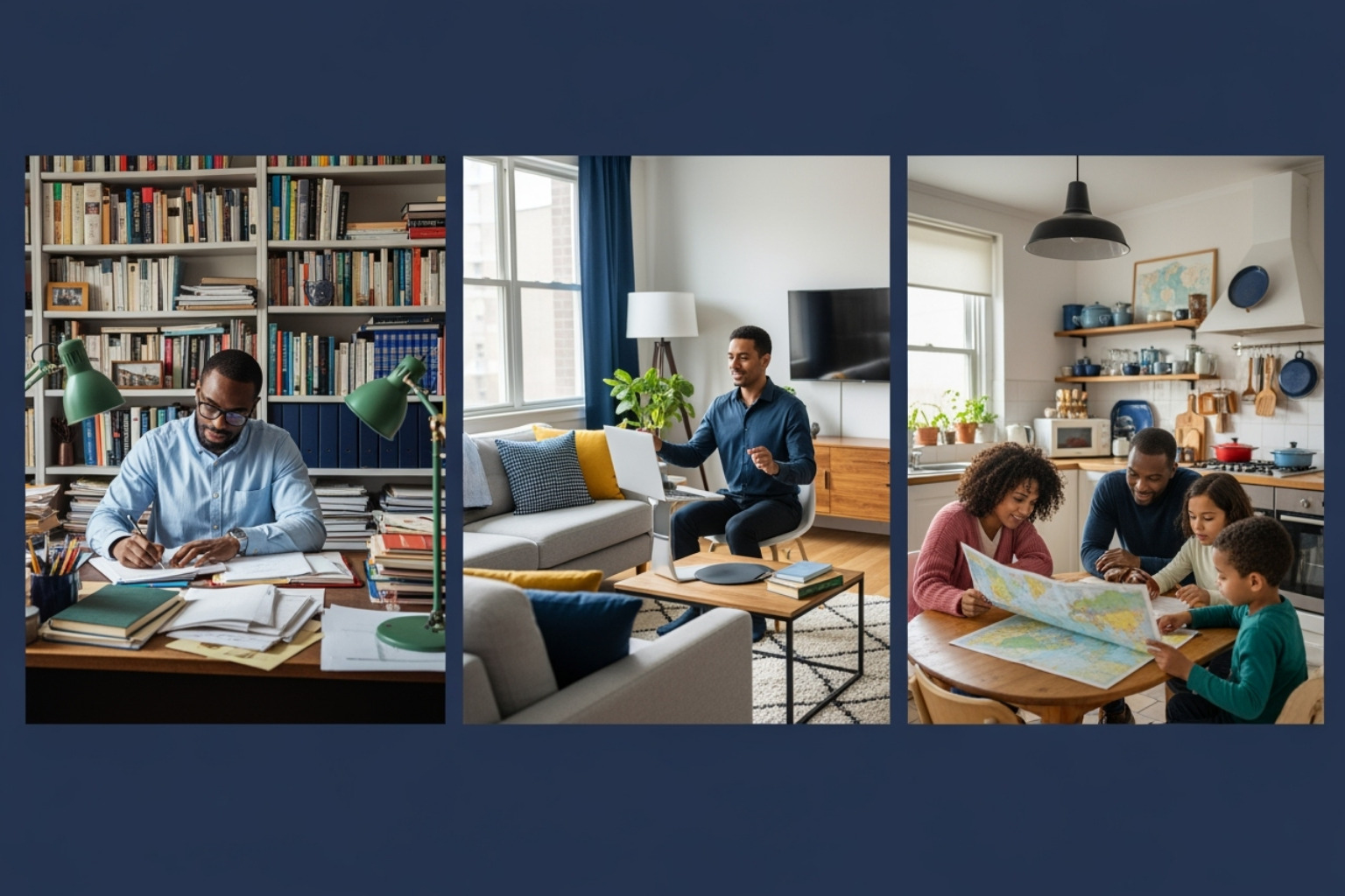 A diverse group of people: a scholar at a desk in a well-lit study, a professional on a video call in a modern living room, and a family looking at a map in a cozy kitchen. Colors are #0B669A and #7DBE43. - furnished apartments short term lease A diverse group of people: a scholar at a desk in a well-lit study, a professional on a video call in a modern living room, and a family looking at a map in a cozy kitchen. Colors are #0B669A and #7DBE43. - furnished apartments short term lease