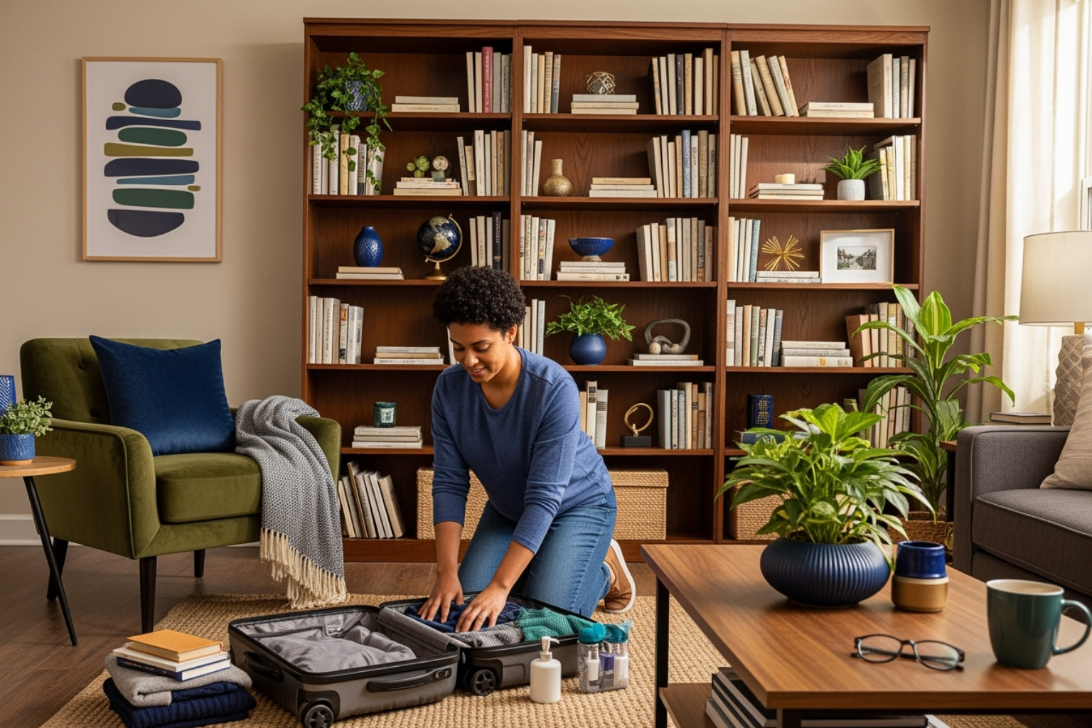 A person unpacking a single suitcase in a fully furnished, ready-to-live-in apartment, with bookshelves and a comfortable armchair. Colors are navy blue and green. - furnished apartments short term lease A person unpacking a single suitcase in a fully furnished, ready-to-live-in apartment, with bookshelves and a comfortable armchair. Colors are navy blue and green. - furnished apartments short term lease