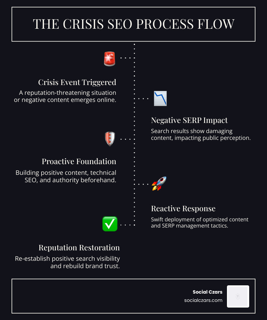 Detailed infographic showing the Crisis SEO process flow: starting with a crisis event, leading to negative search results and public perception damage, then showing proactive defense strategies (content creation, technical SEO, reputation monitoring) and reactive response tactics (rapid content deployment, SERP management, narrative control) that ultimately restore positive search visibility and brand reputation - Crisis SEO infographic infographic-line-5-steps-dark