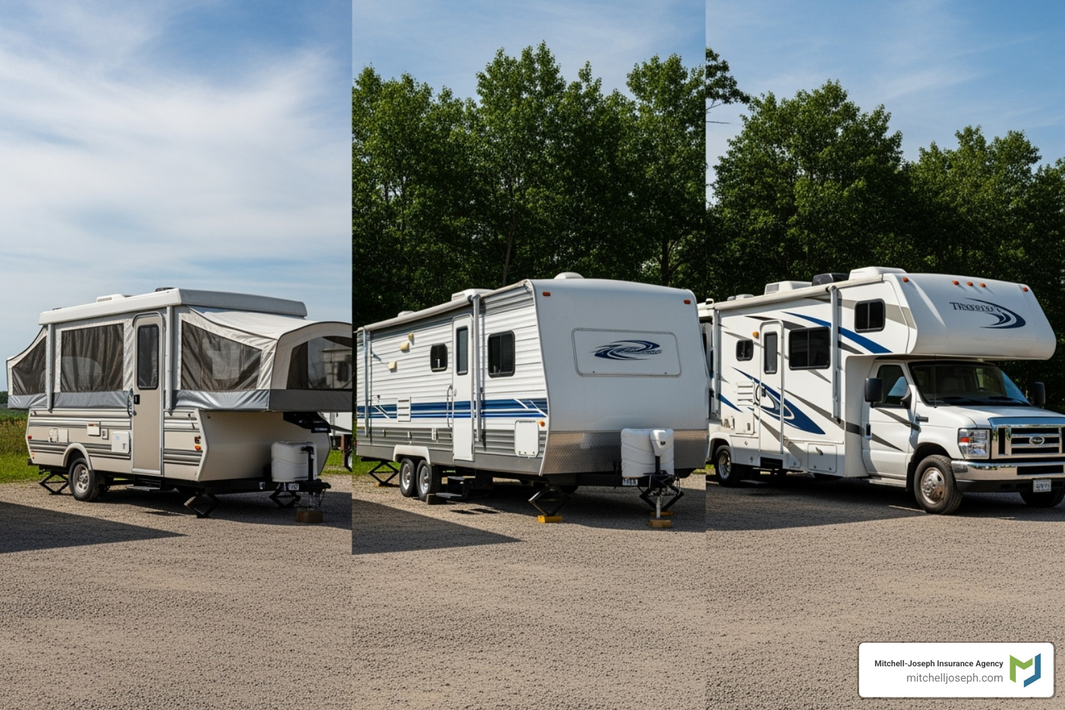 Image comparing a pop-up camper, a travel trailer, and a Class C motorhome - average cost of insurance for pop up camper
